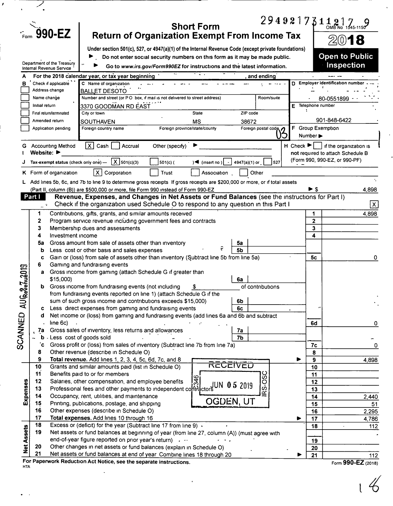 Image of first page of 2018 Form 990EZ for Ballet Desoto