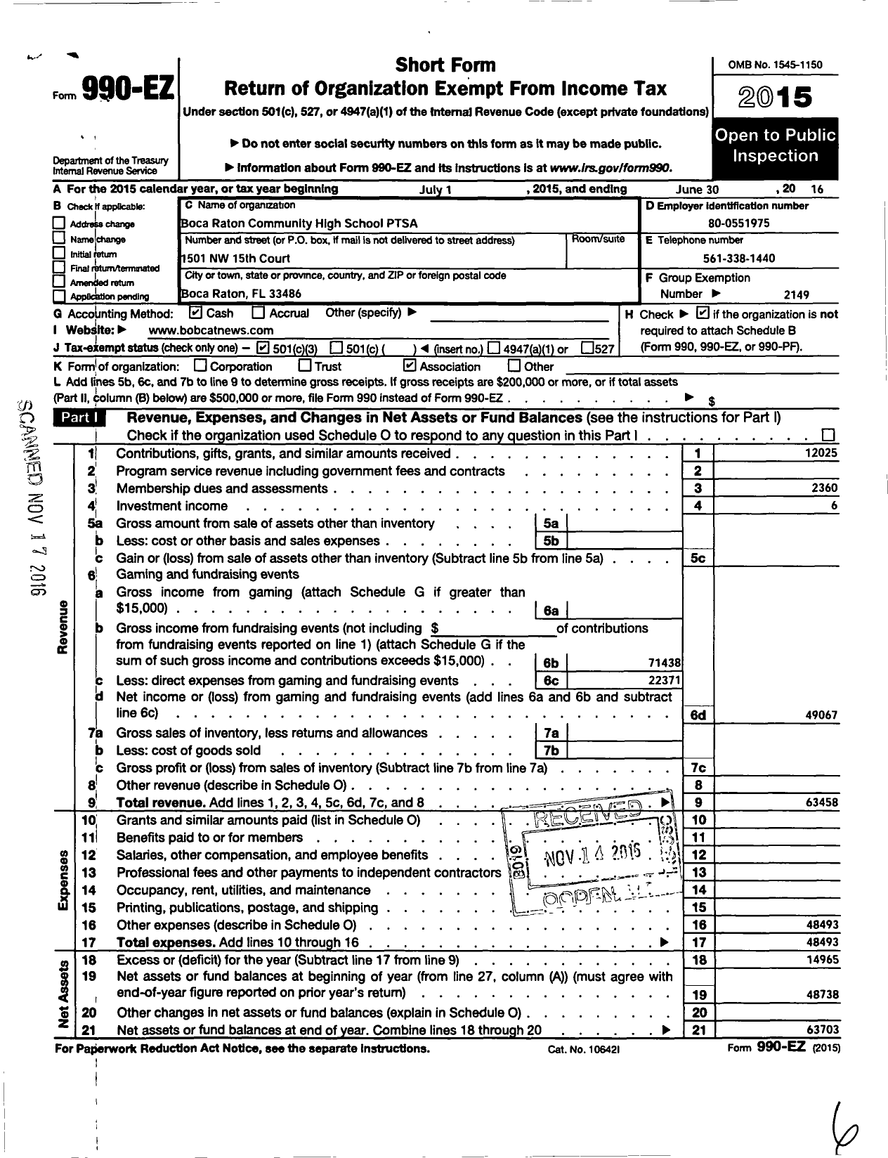 Image of first page of 2015 Form 990EZ for PTA Florida Congress - Boca Raton Community High PTSA