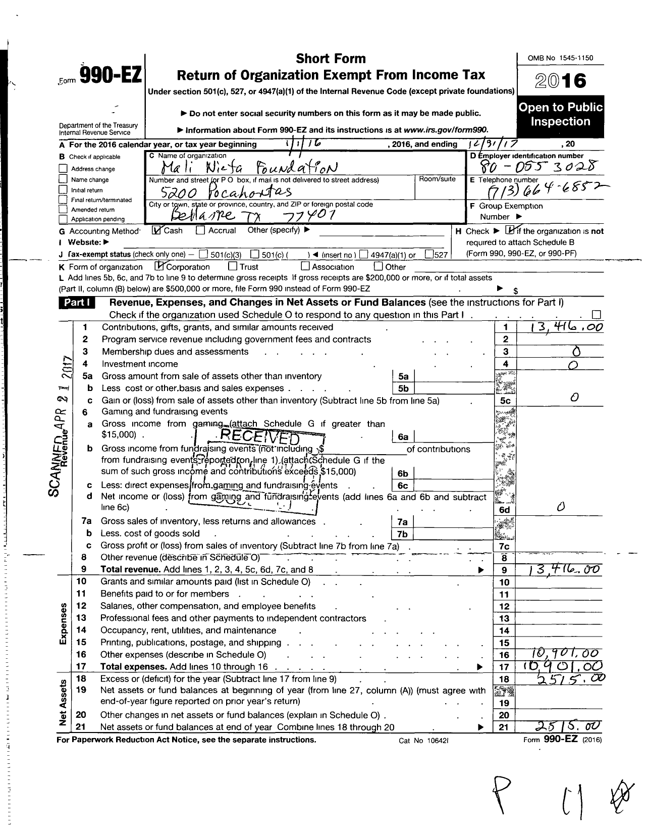 Image of first page of 2017 Form 990EO for Mali Nieta Foundation