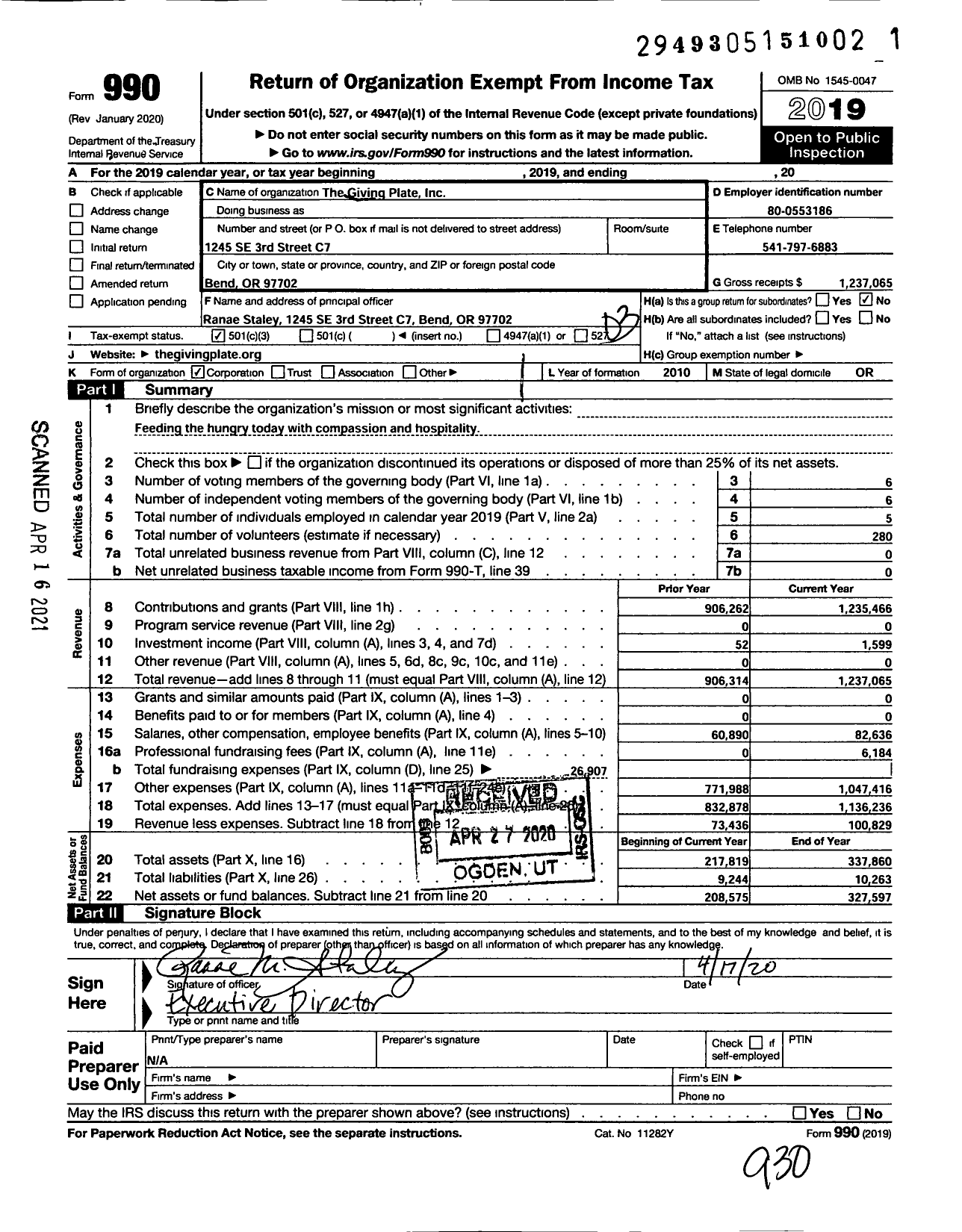 Image of first page of 2019 Form 990 for The Giving Plate