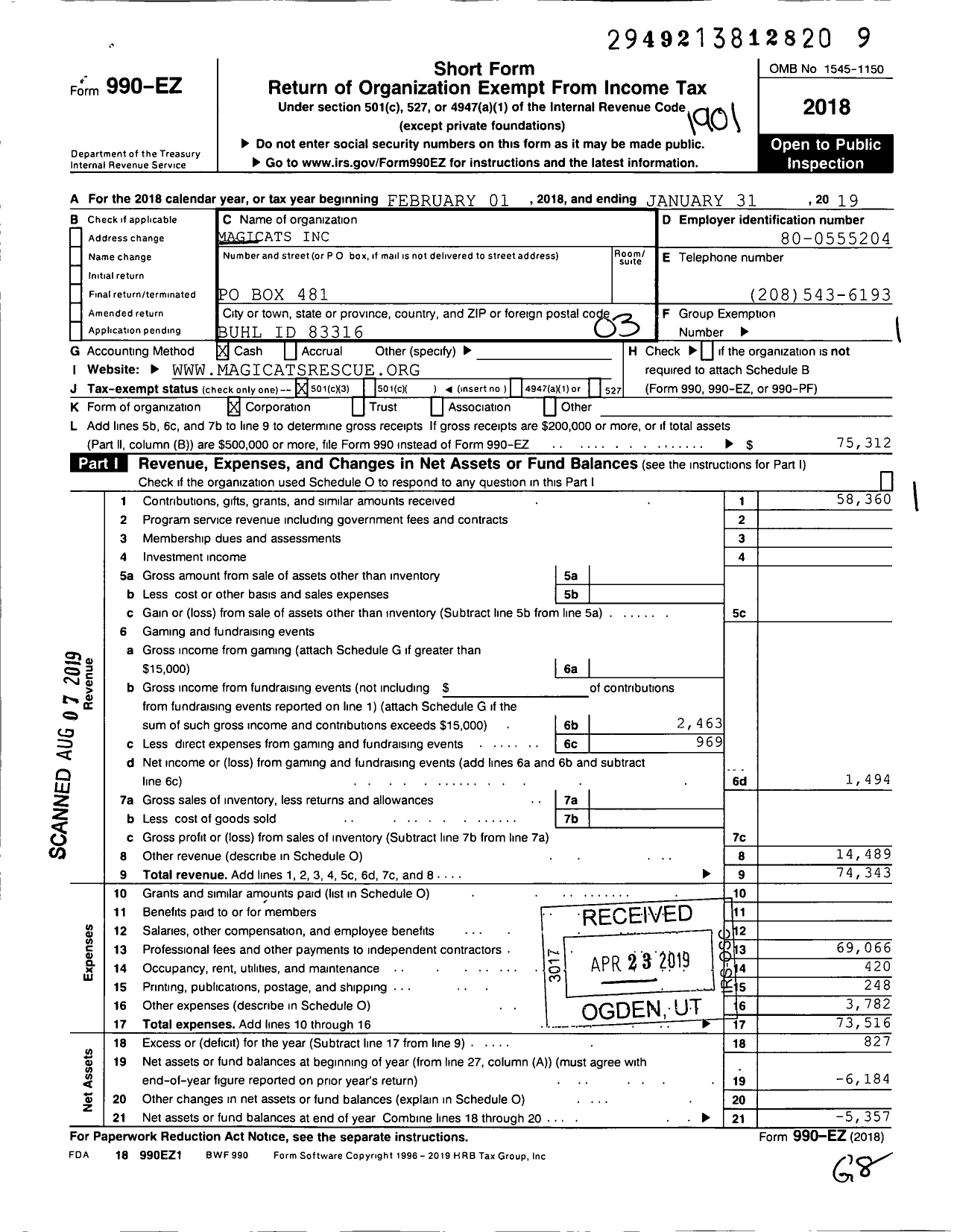 Image of first page of 2018 Form 990EZ for Magicats