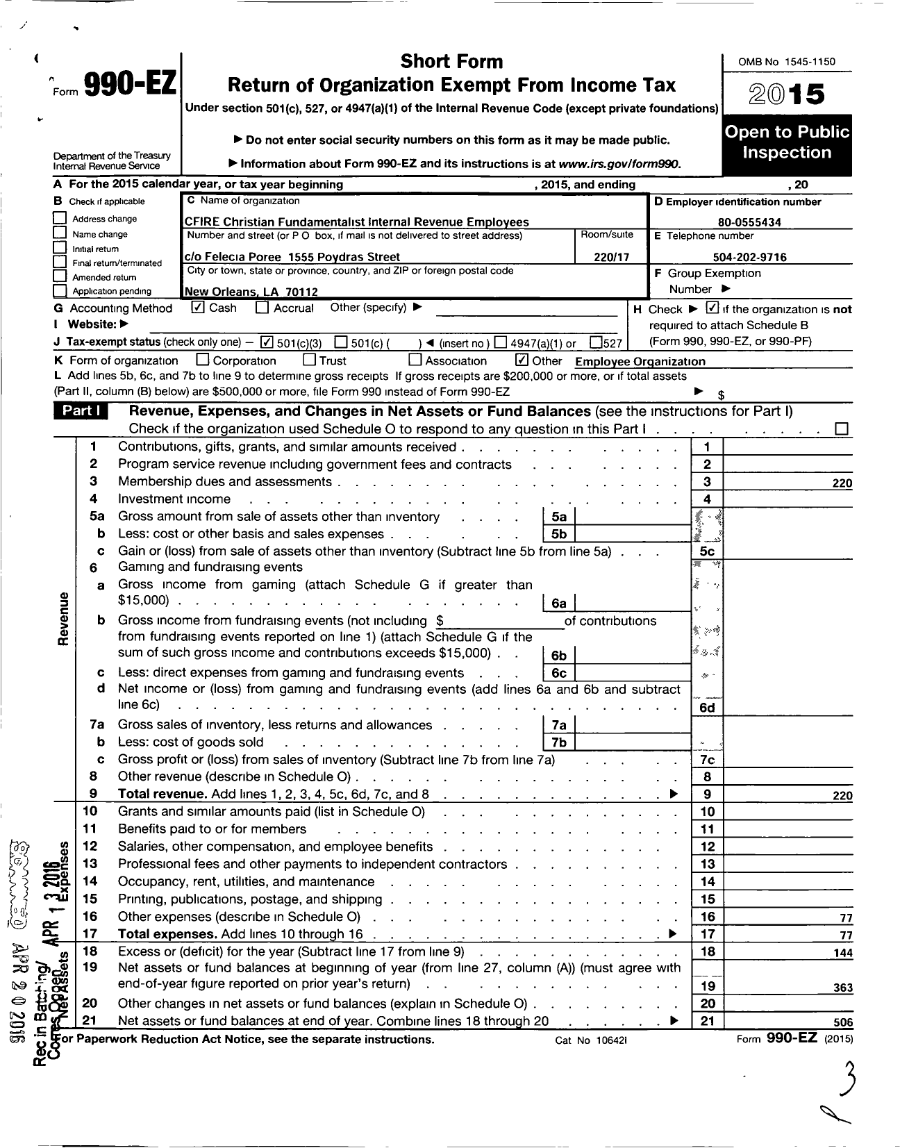 Image of first page of 2015 Form 990EZ for Cfire Christian Fundamentalist New Orleans Chapter