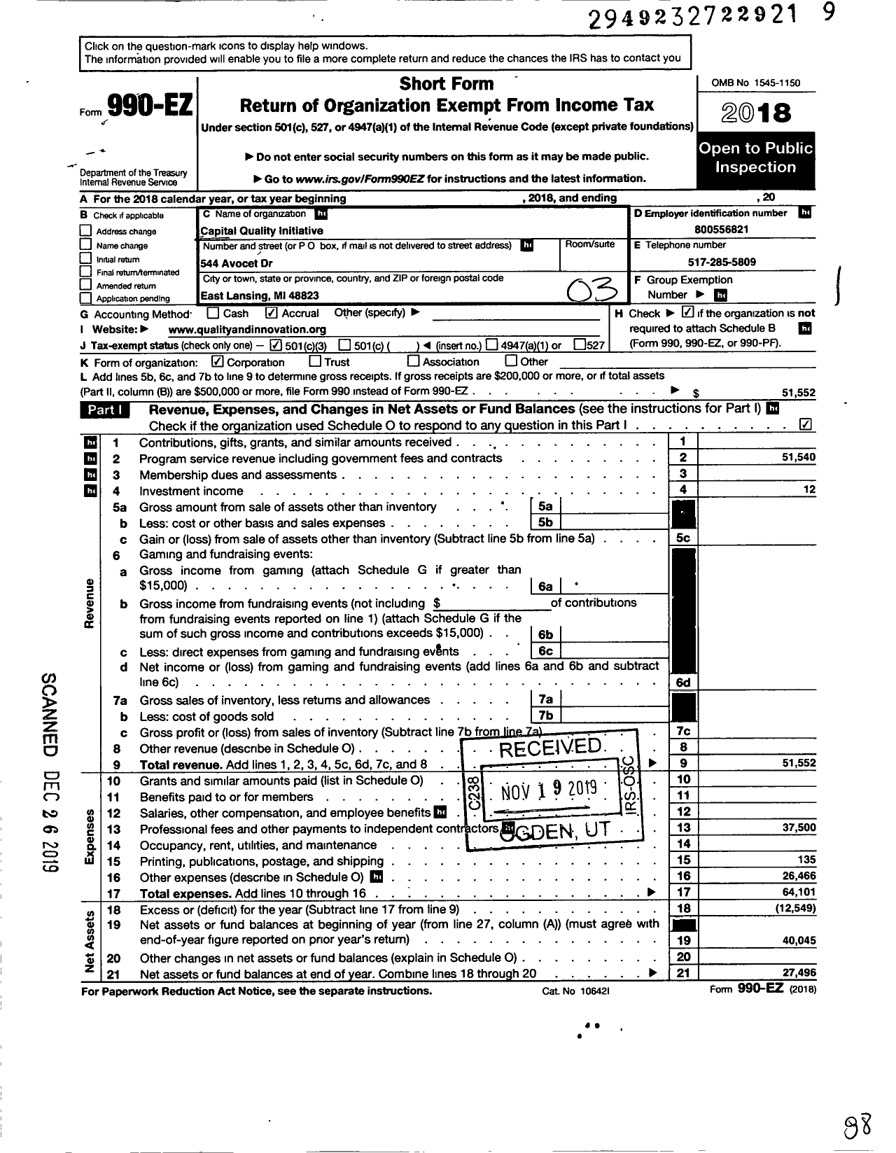 Image of first page of 2018 Form 990EZ for Capital Quality Initiative