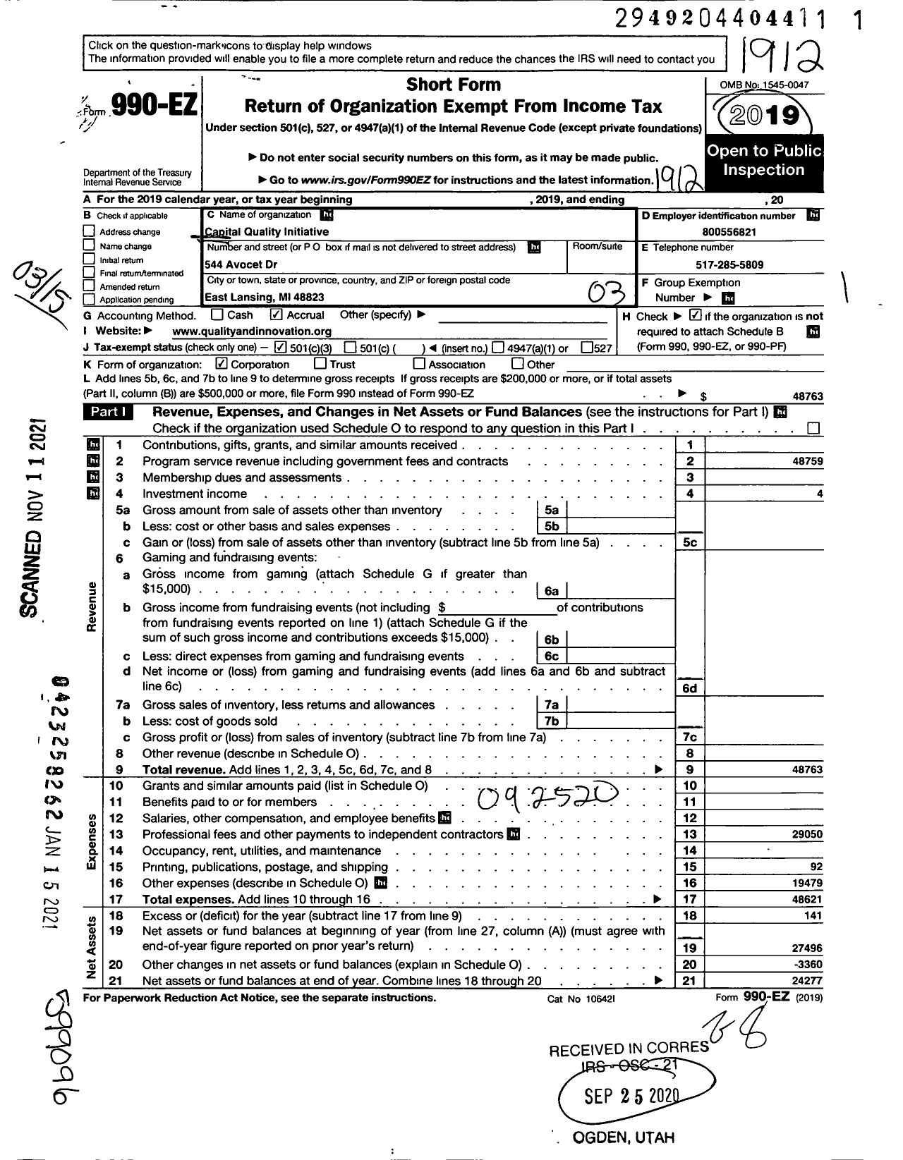 Image of first page of 2019 Form 990EZ for Capital Quality Initiative