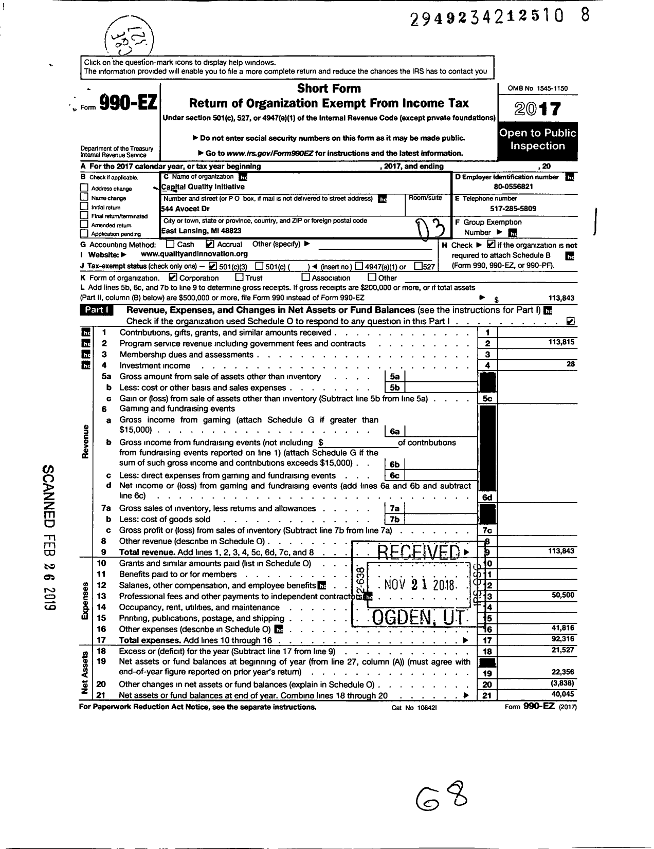 Image of first page of 2017 Form 990EZ for Capital Quality Initiative