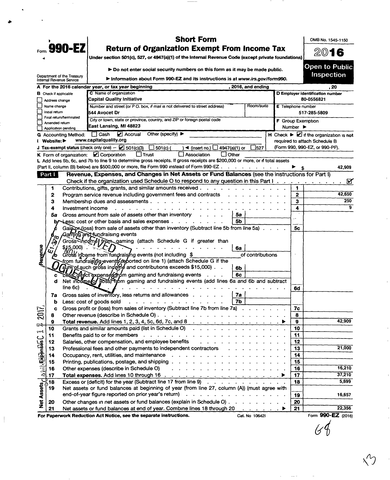 Image of first page of 2016 Form 990EZ for Capital Quality Initiative