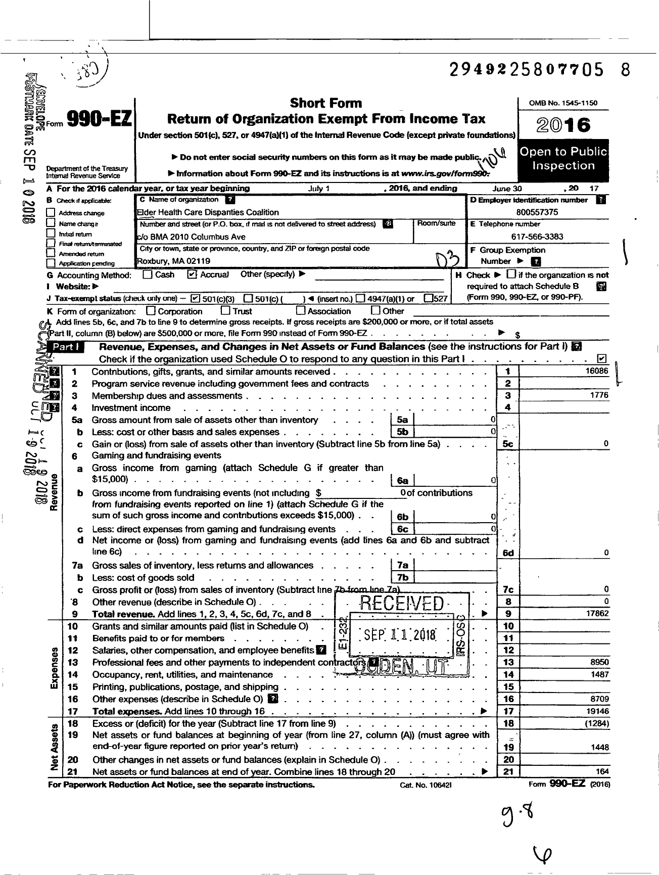 Image of first page of 2016 Form 990EZ for Elder Health Care Disparities Coalition