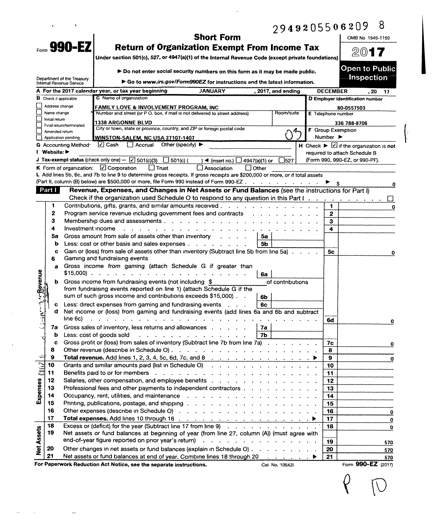 Image of first page of 2017 Form 990EZ for Flip Family Love and Involvement Program