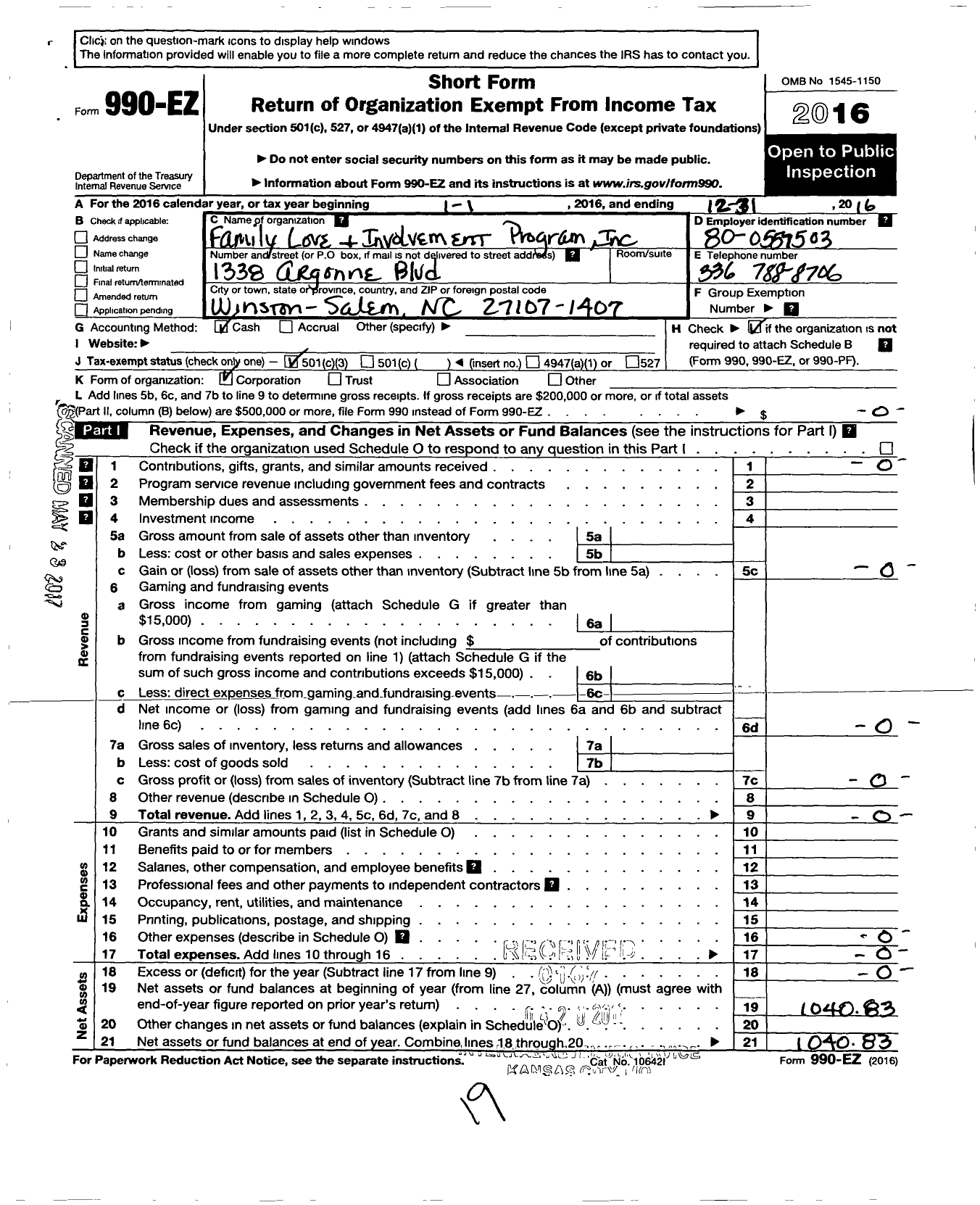 Image of first page of 2016 Form 990EZ for Flip Family Love and Involvement Program