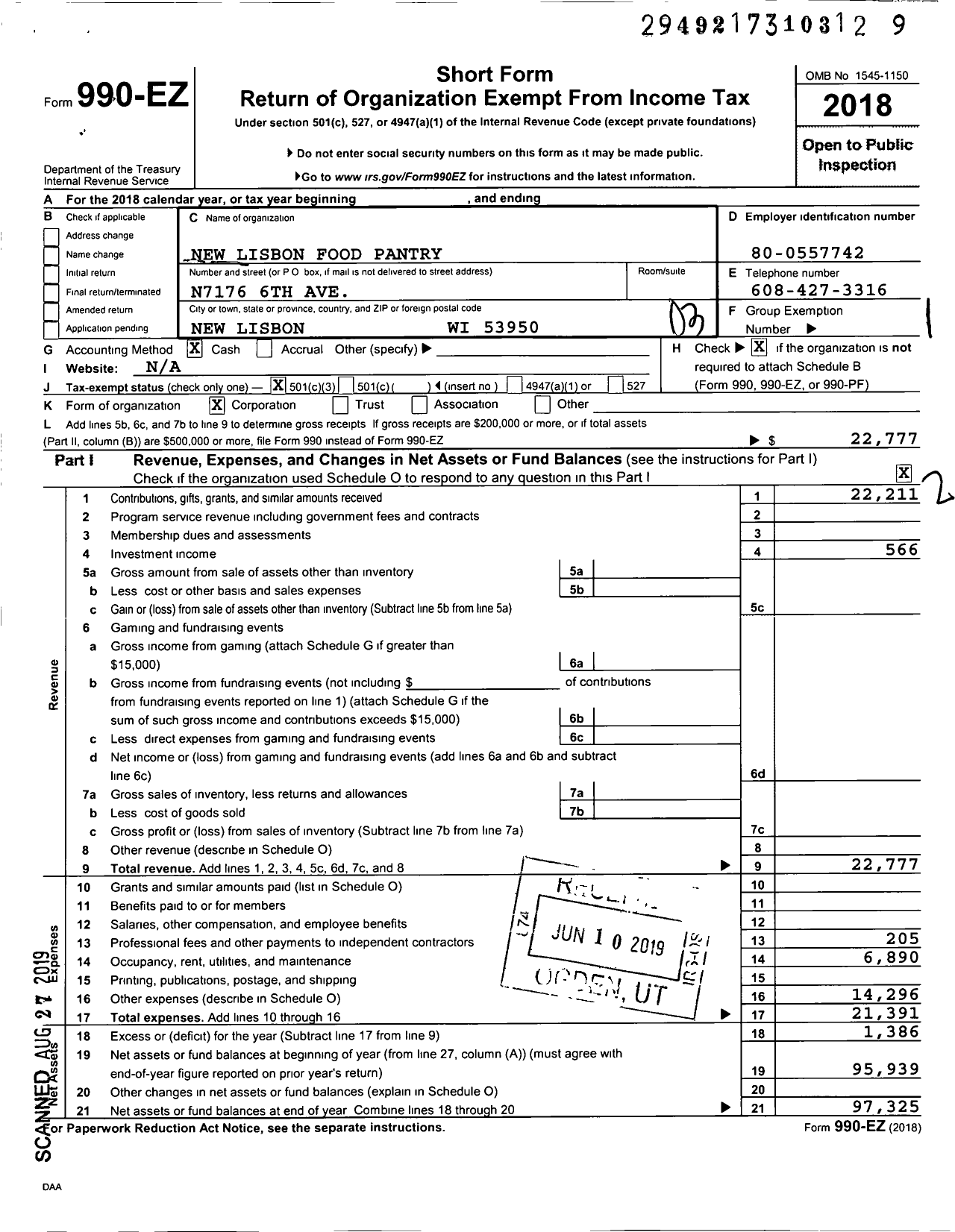 Image of first page of 2018 Form 990EZ for New Lisbon Food Pantry