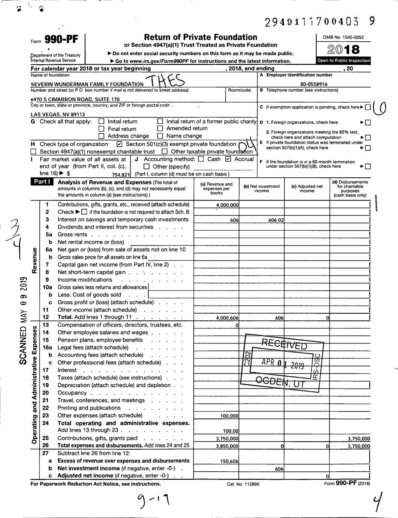 Image of first page of 2018 Form 990PF for The Severin Wunderman Family Foundation