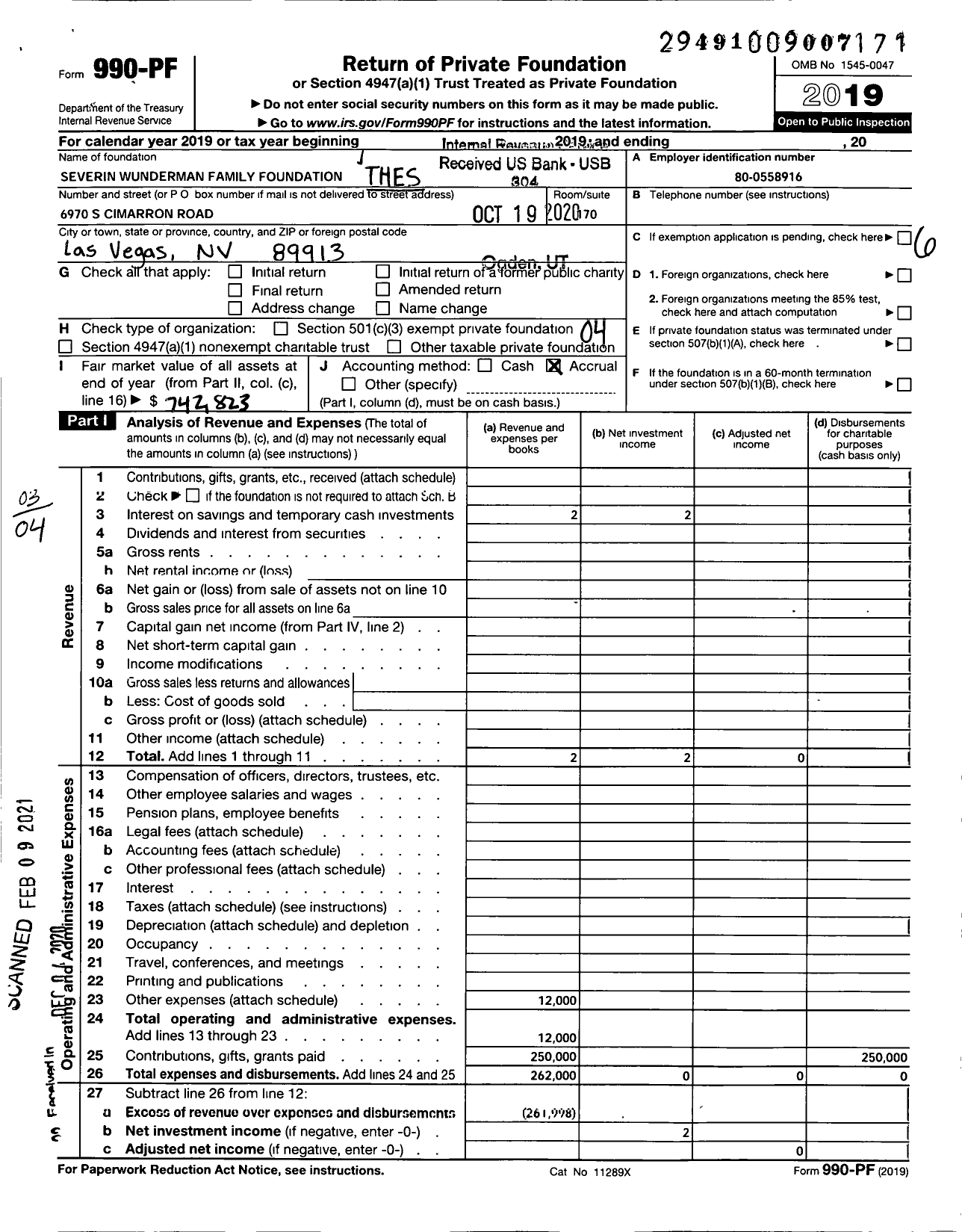 Image of first page of 2019 Form 990PF for The Severin Wunderman Family Foundation