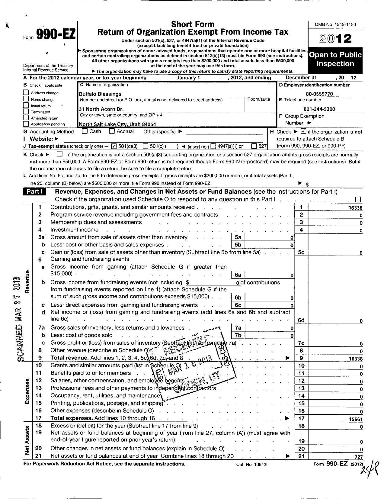 Image of first page of 2012 Form 990EZ for Buffalo Blessings