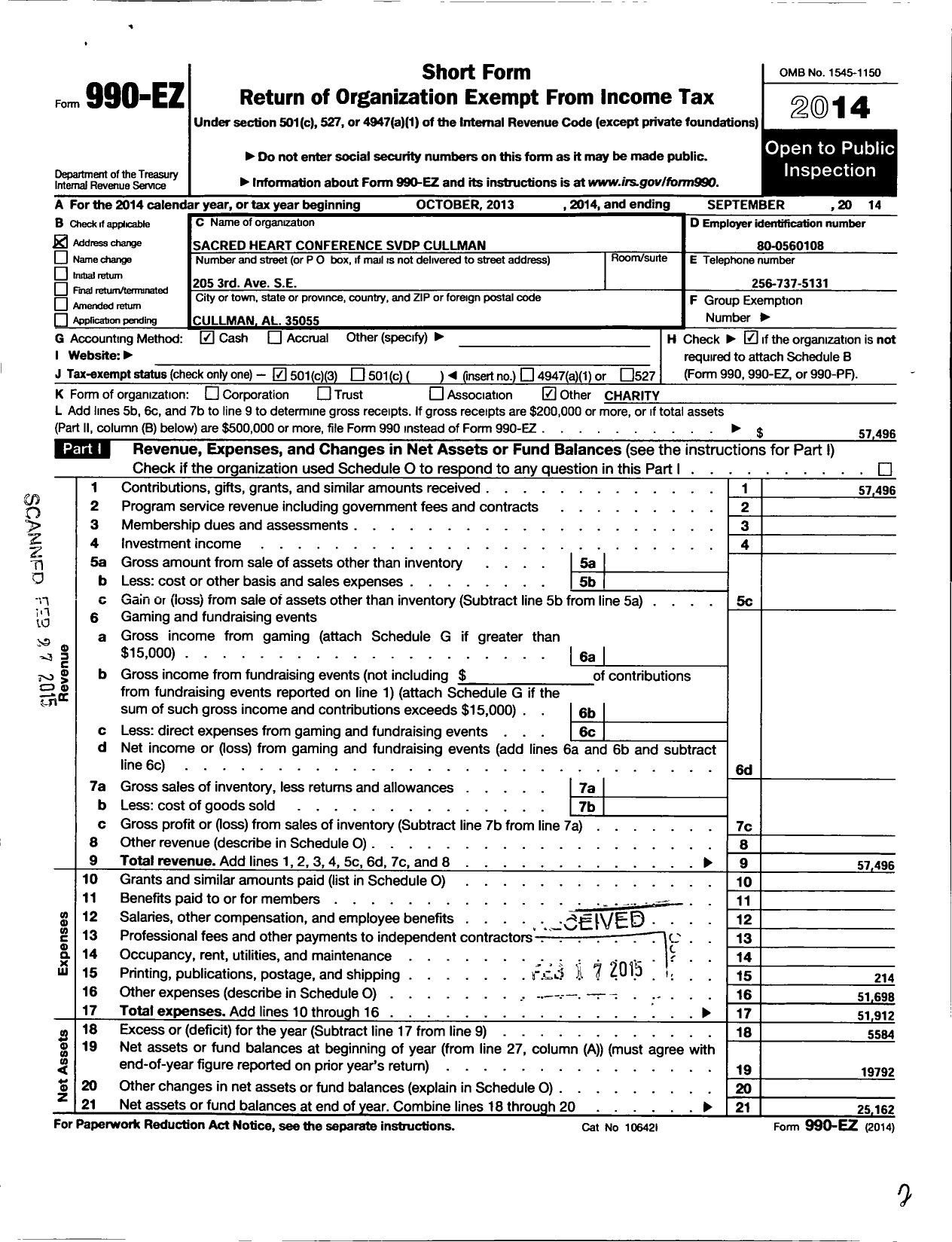 Image of first page of 2013 Form 990EZ for Sacred Heart Conference SVDP Cullman