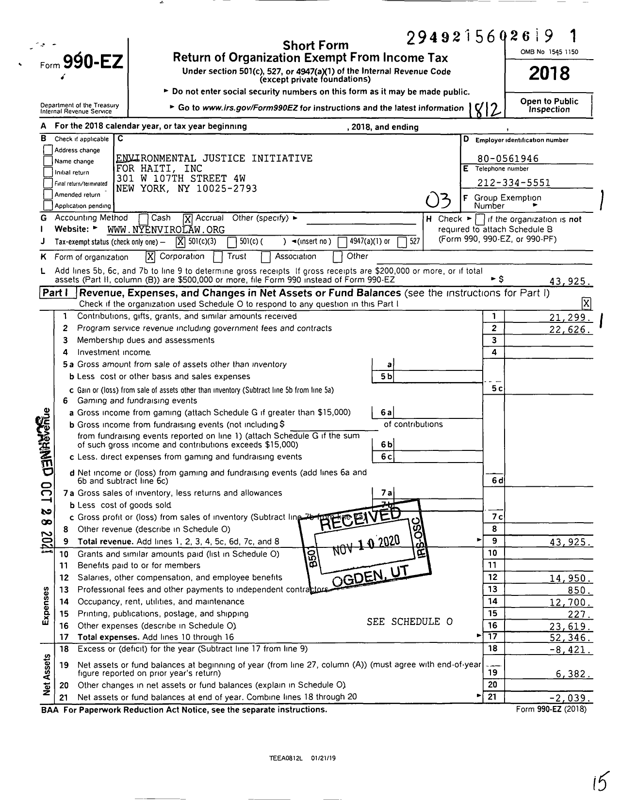 Image of first page of 2018 Form 990EZ for Environmental Justice Initiative for Haiti