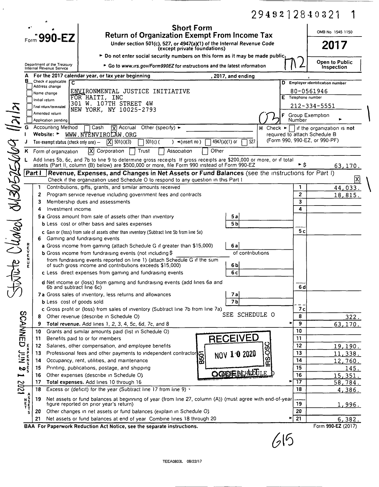 Image of first page of 2017 Form 990EZ for Environmental Justice Initiative for Haiti