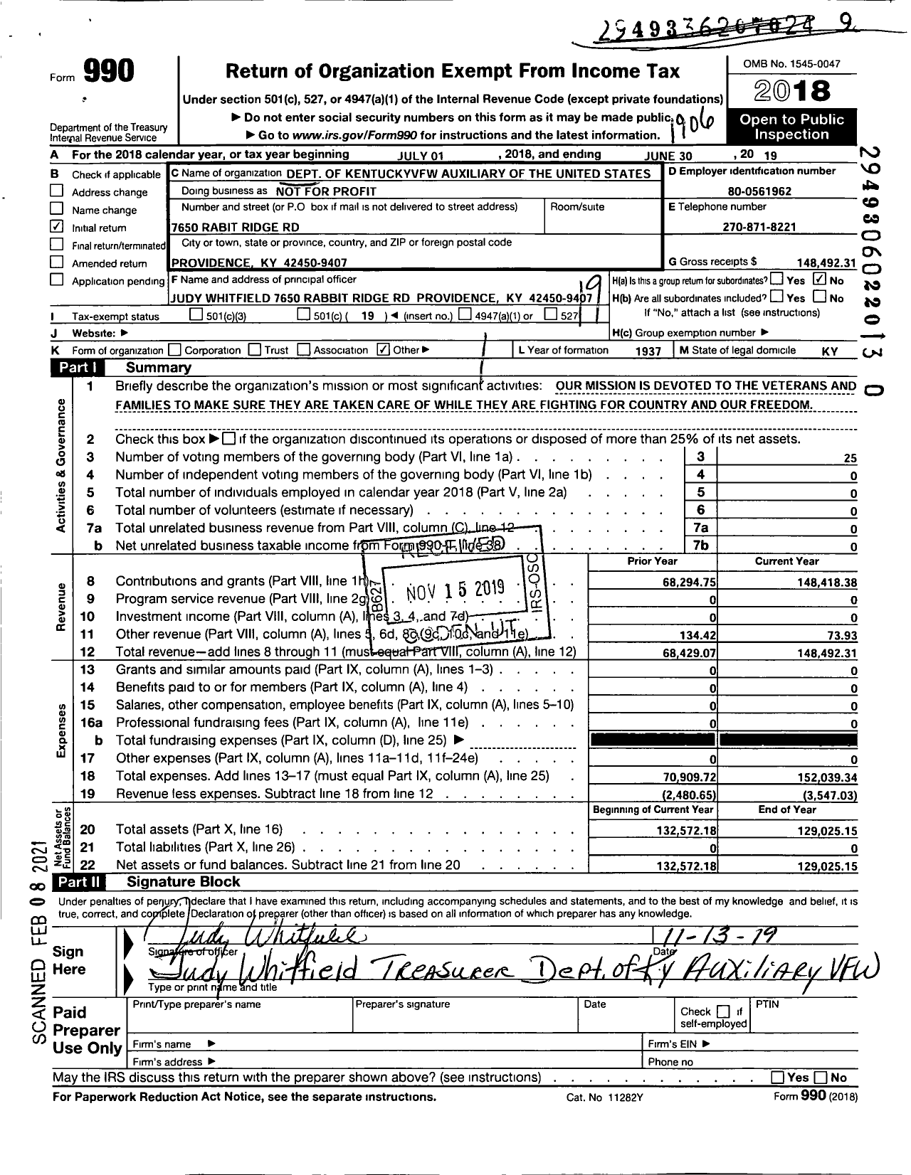 Image of first page of 2018 Form 990O for Department of Kentucky Auxiliary To the Veterans of Foreign Wars of the Us