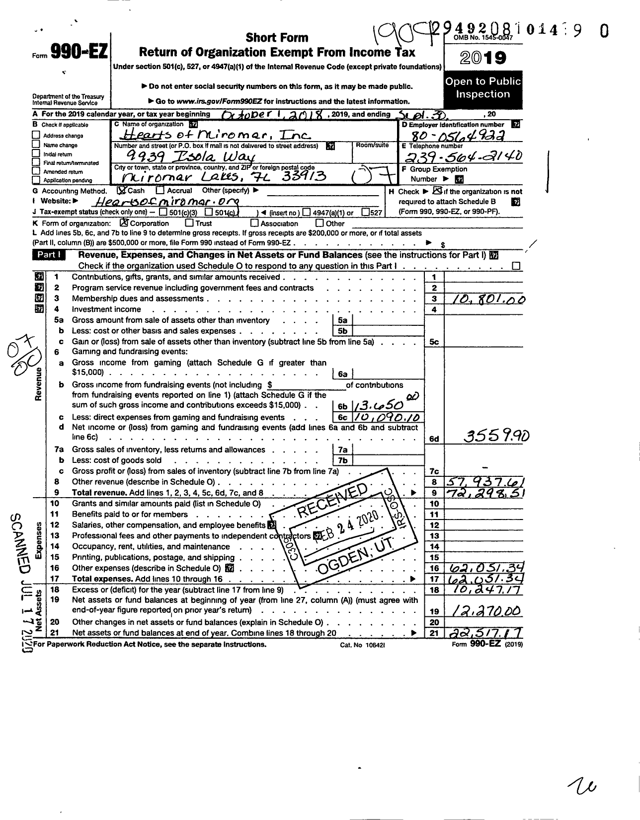 Image of first page of 2018 Form 990EO for Hearts of Miromar