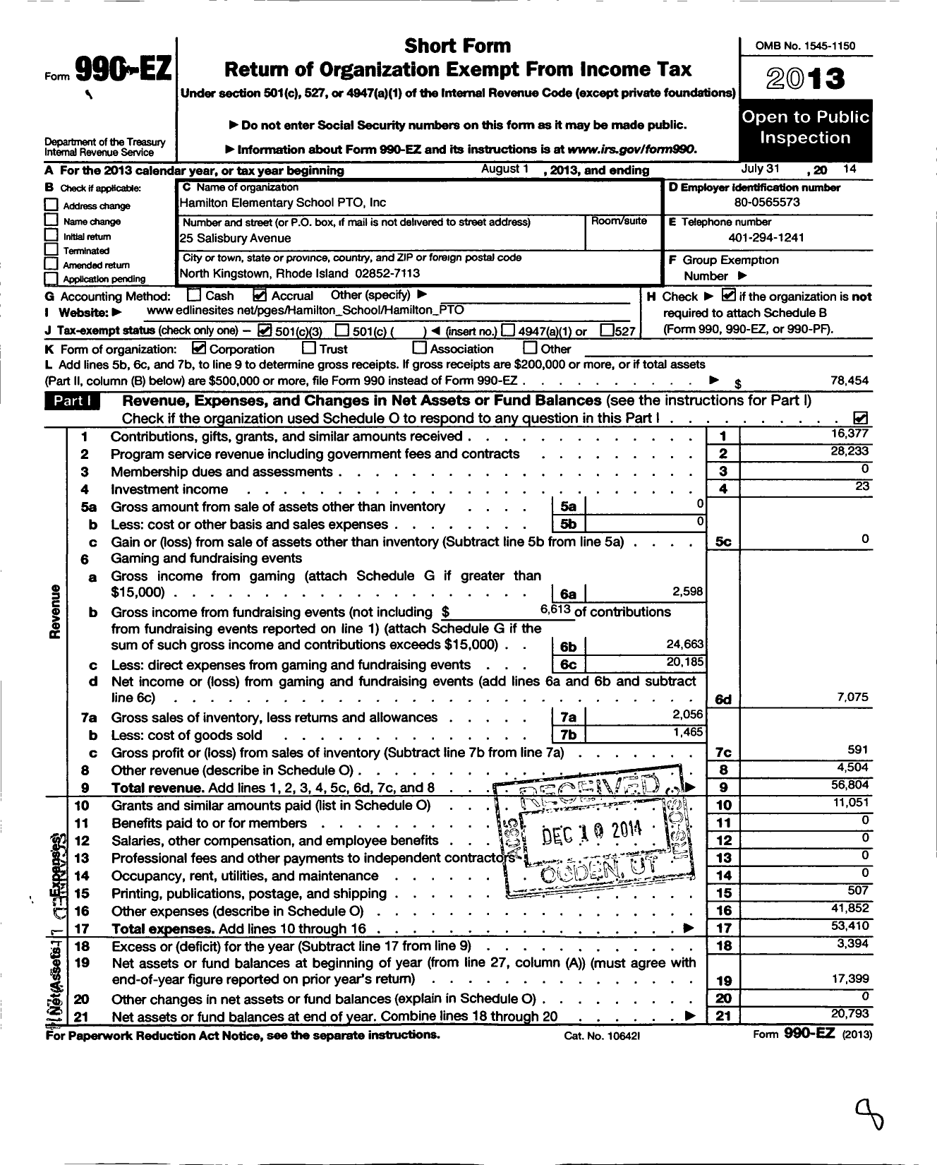 Image of first page of 2013 Form 990EZ for Hamilton Elementary School Pto