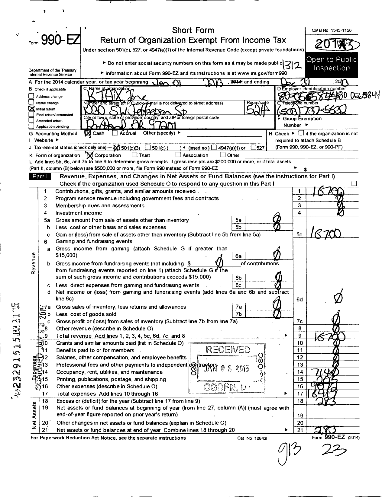 Image of first page of 2013 Form 990EZ for K Tax