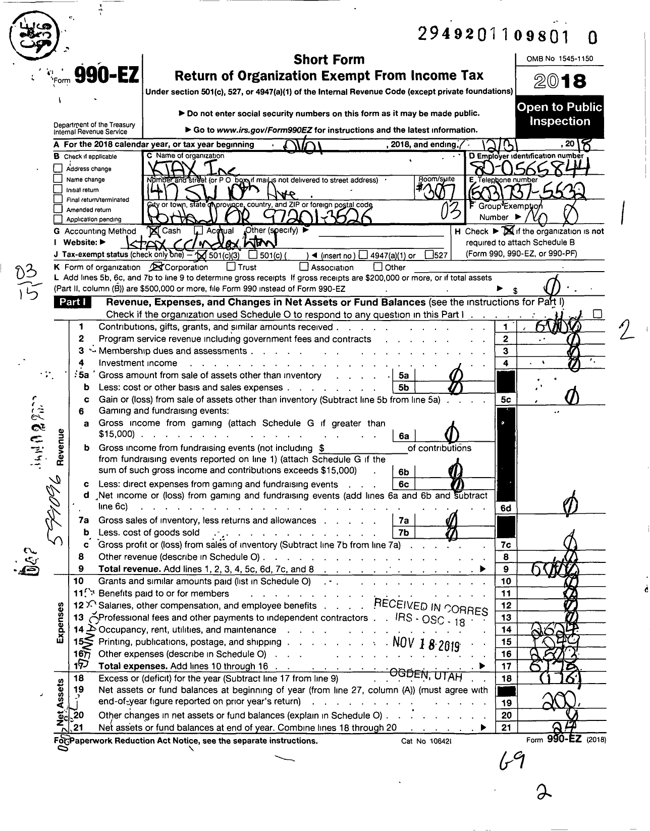 Image of first page of 2018 Form 990EZ for K Tax