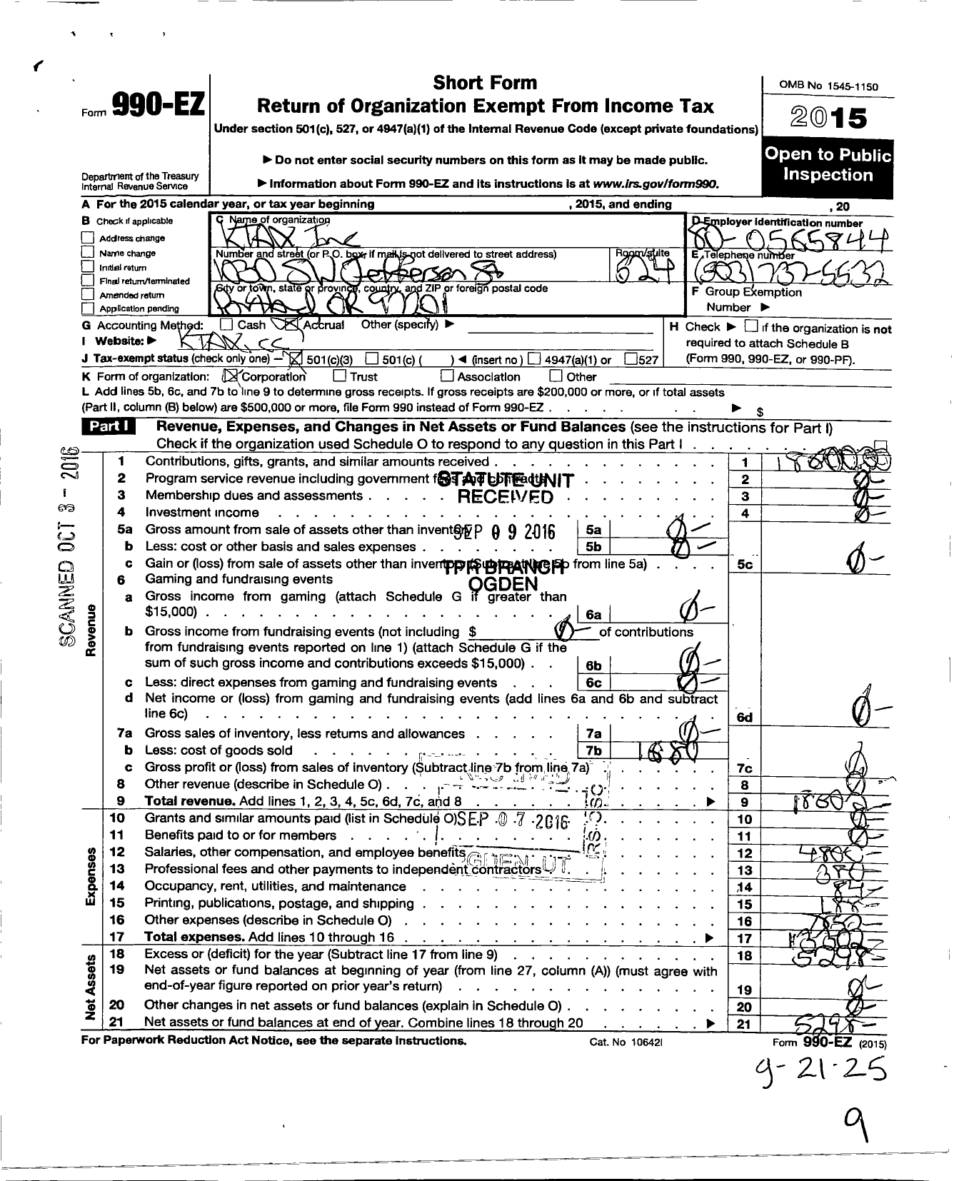 Image of first page of 2015 Form 990EZ for K Tax