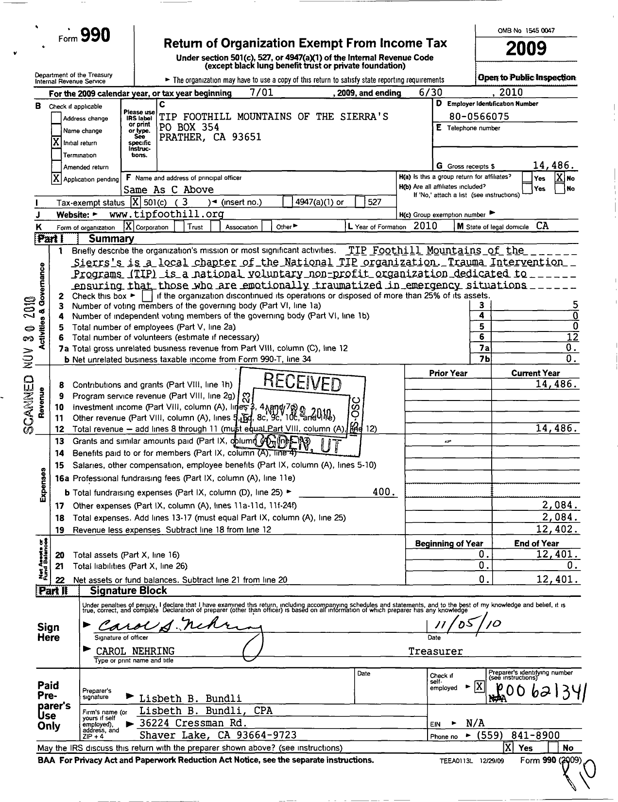 Image of first page of 2009 Form 990 for Trauma Intervention Programs / Foothill Mountains of the Sierras