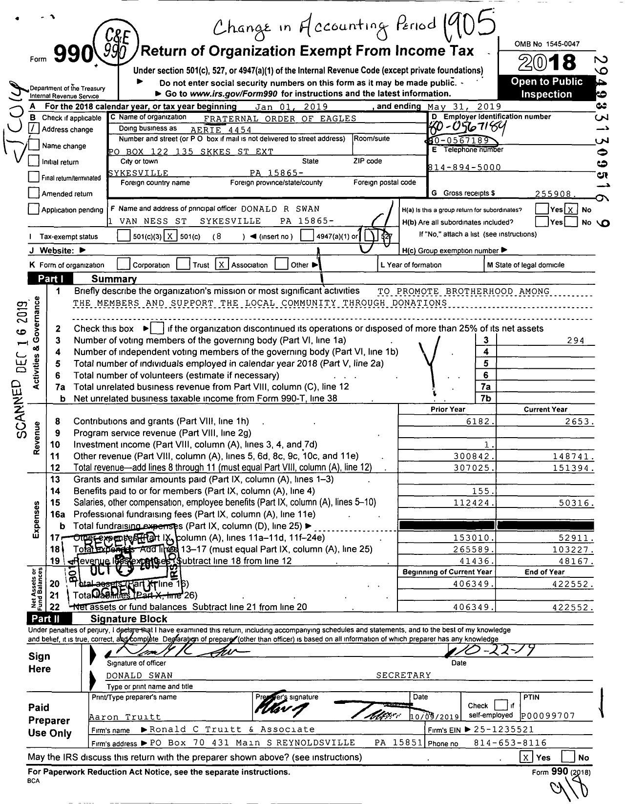 Image of first page of 2018 Form 990O for Fraternal Order of Eagles - 4454 Aerie