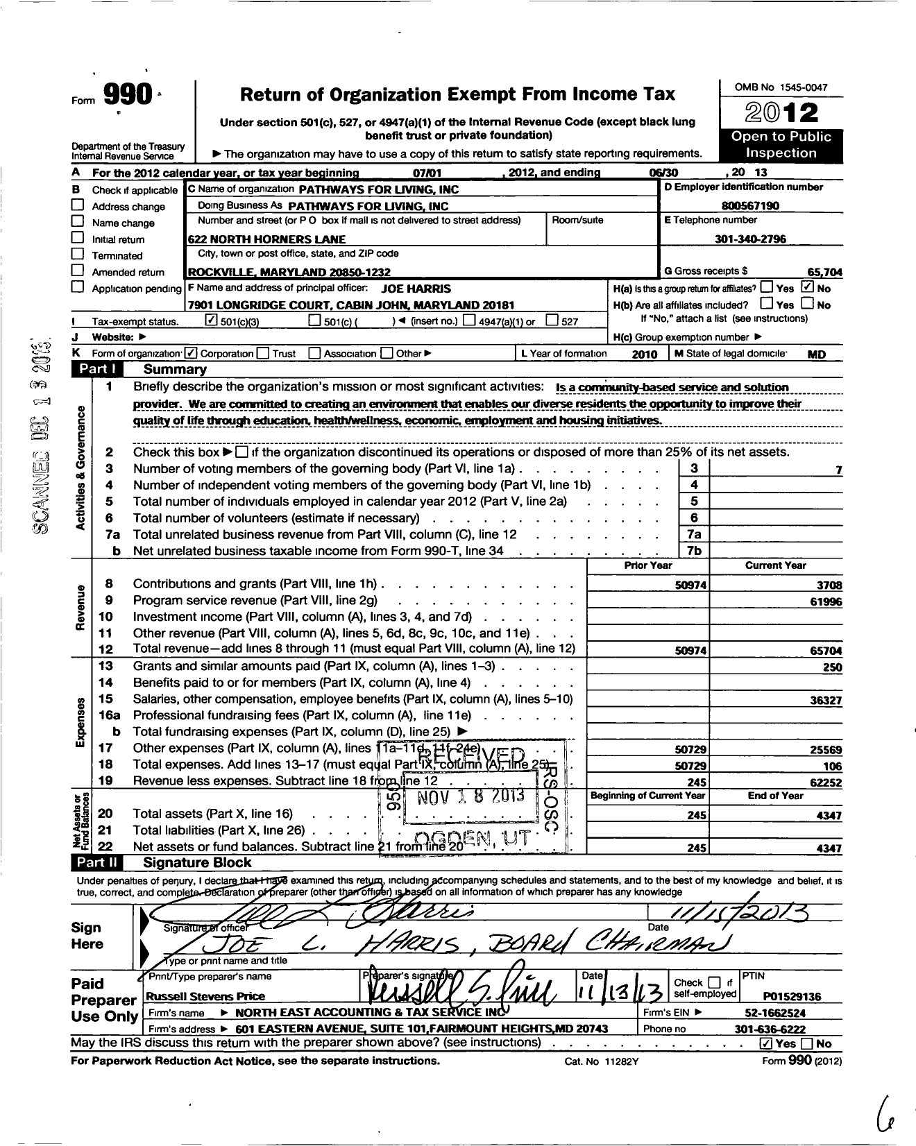 Image of first page of 2012 Form 990 for Pathways for Living