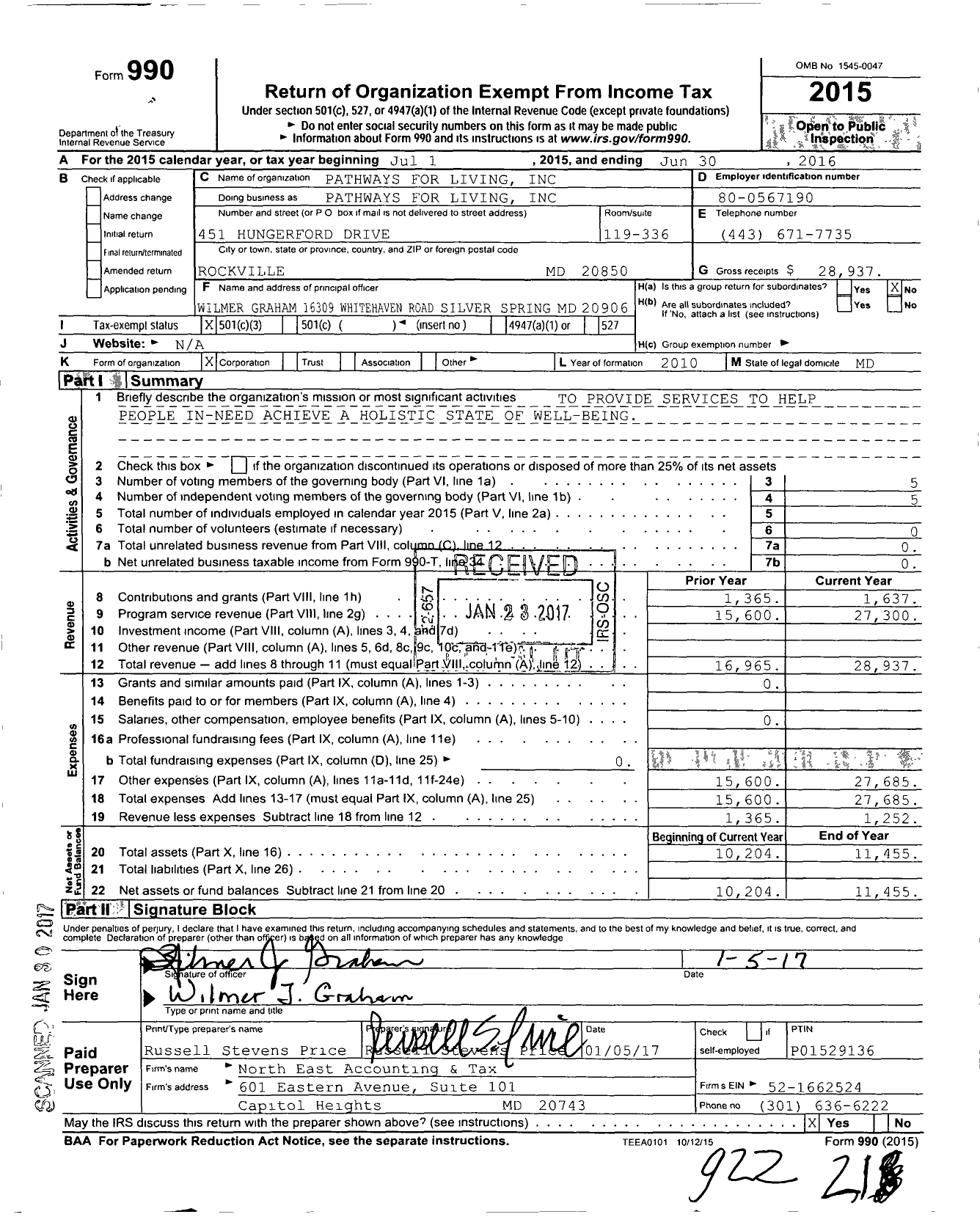 Image of first page of 2015 Form 990 for Pathways for Living