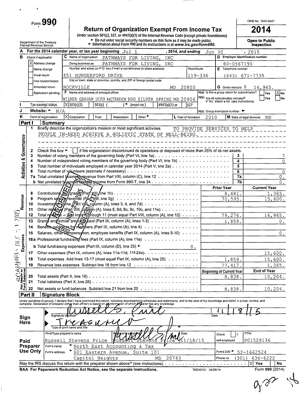 Image of first page of 2014 Form 990 for Pathways for Living