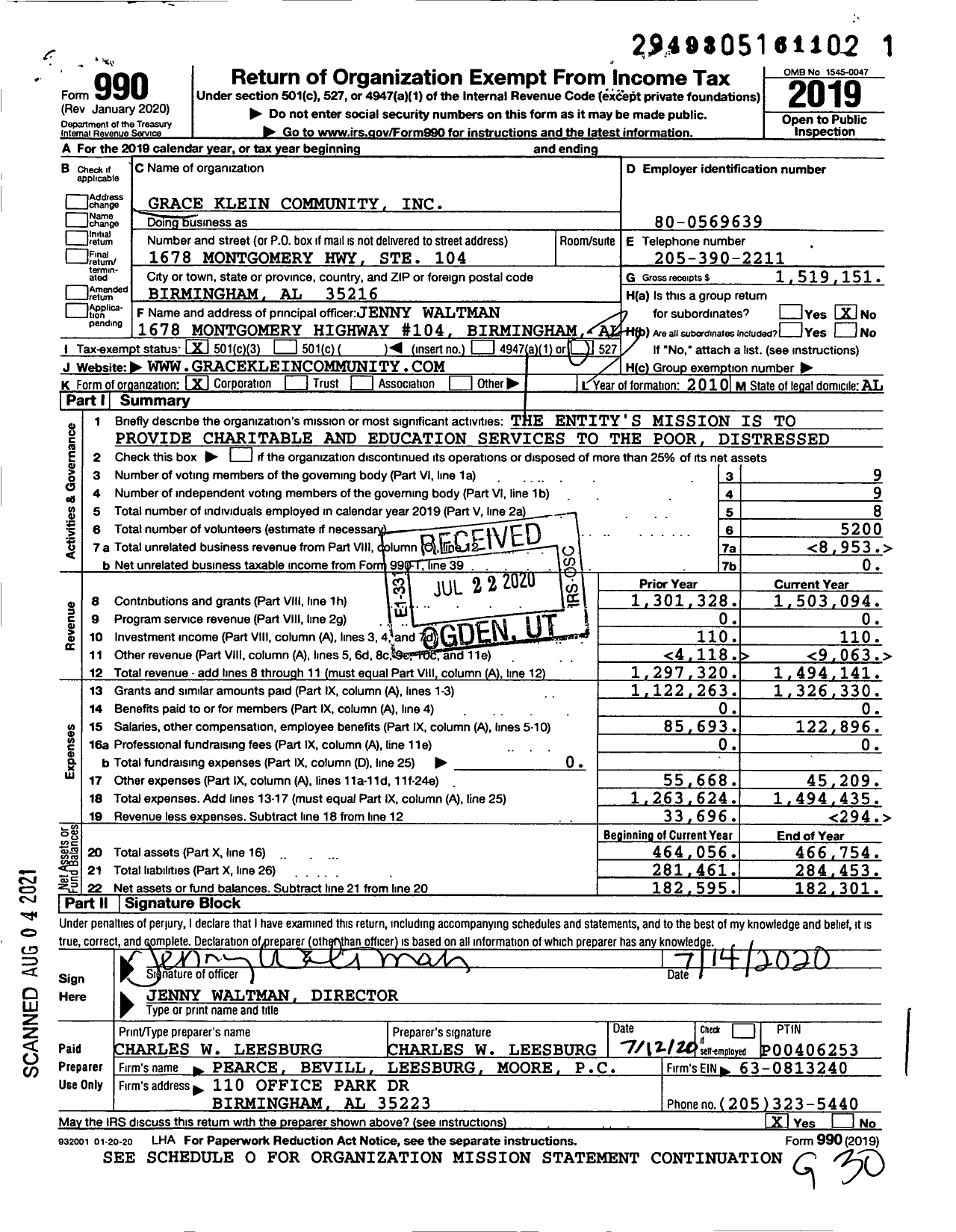 Image of first page of 2019 Form 990 for Grace Klein Community