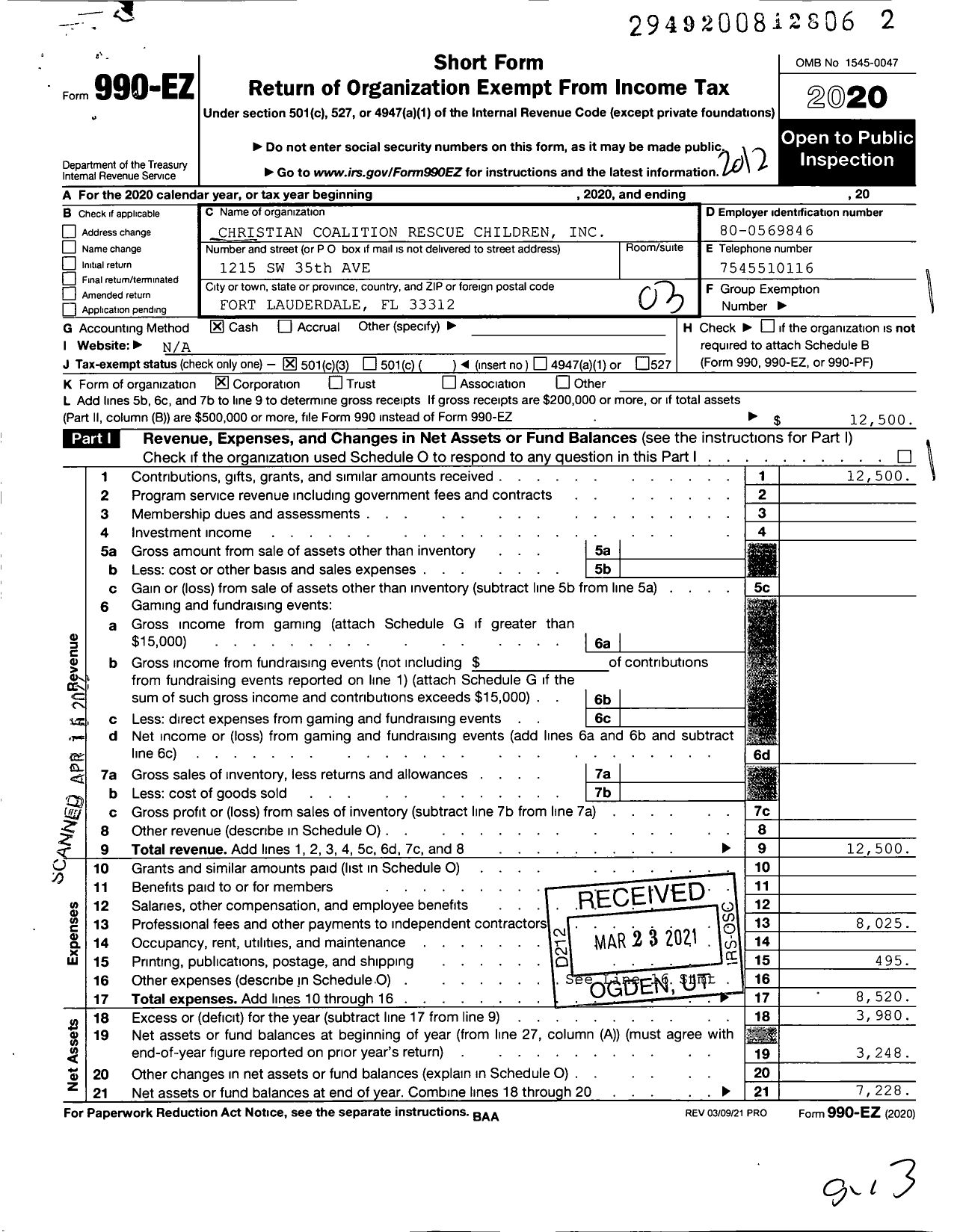 Image of first page of 2020 Form 990EZ for Christian Coalition Rescue Children