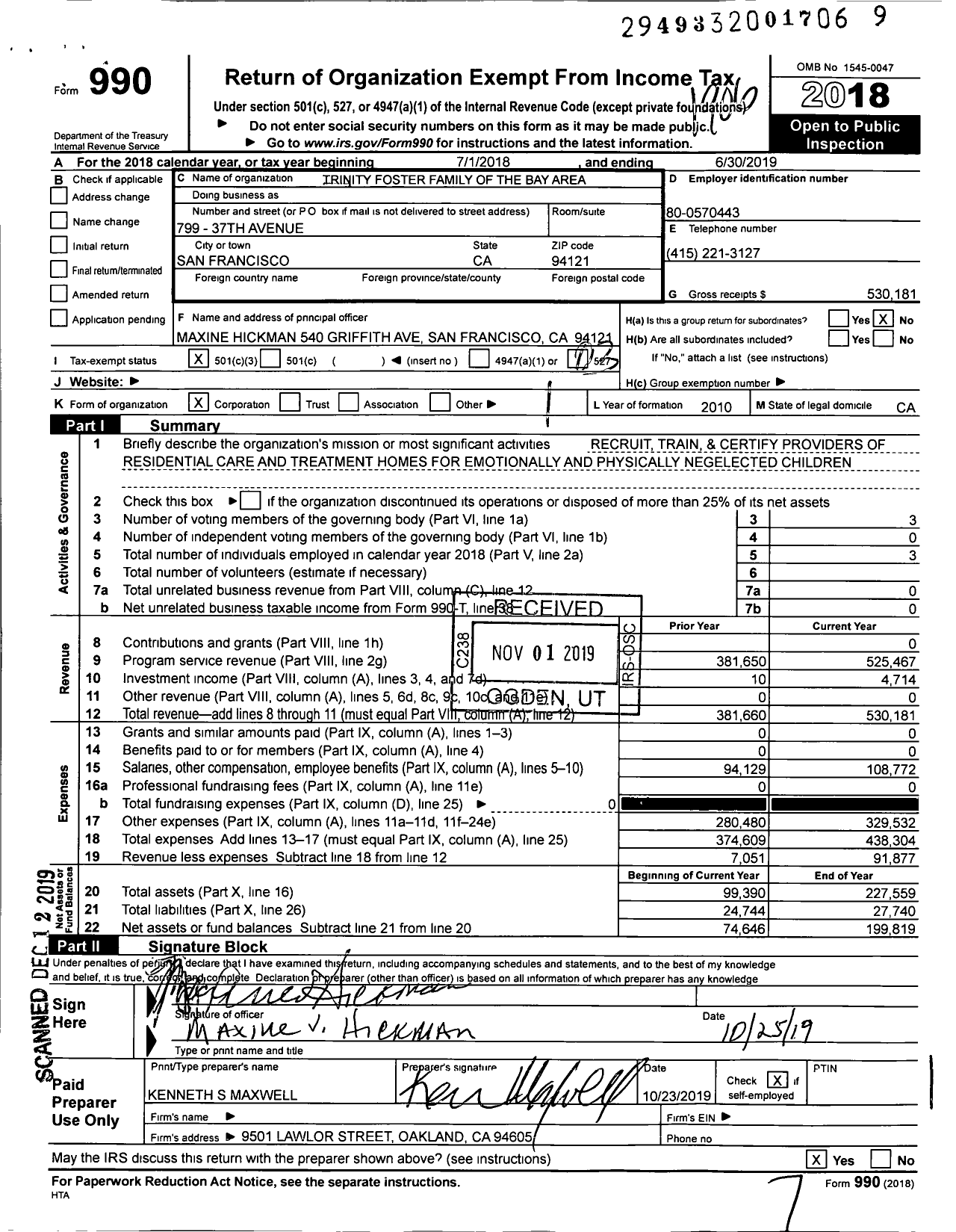 Image of first page of 2018 Form 990 for Trinity Foster Family of the Bay Area