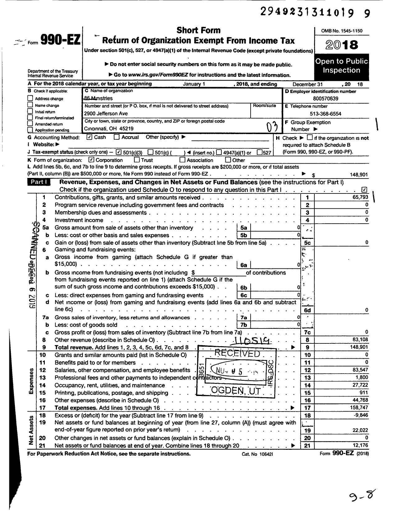 Image of first page of 2018 Form 990EZ for 86 Ministries