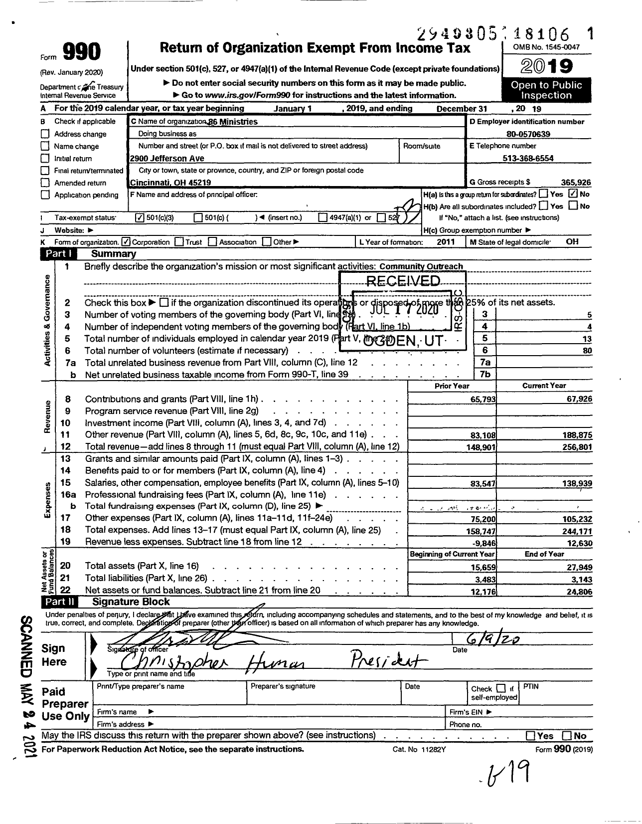 Image of first page of 2019 Form 990 for 86 Ministries