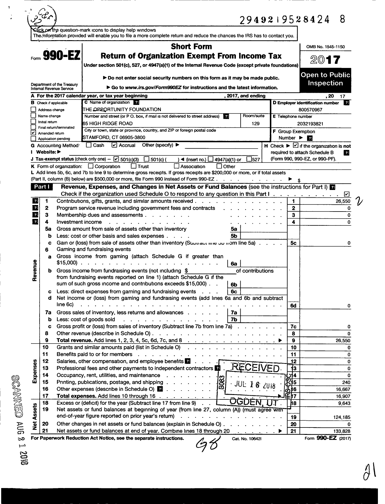 Image of first page of 2017 Form 990EZ for The Opportunity Foundation