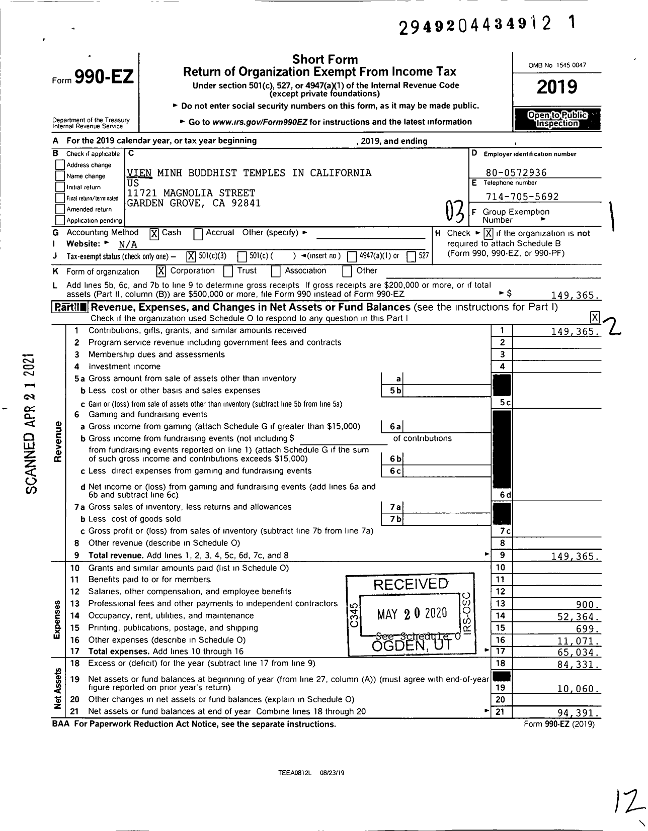 Image of first page of 2019 Form 990EZ for Vien Minh Buddhist Temples in California Us