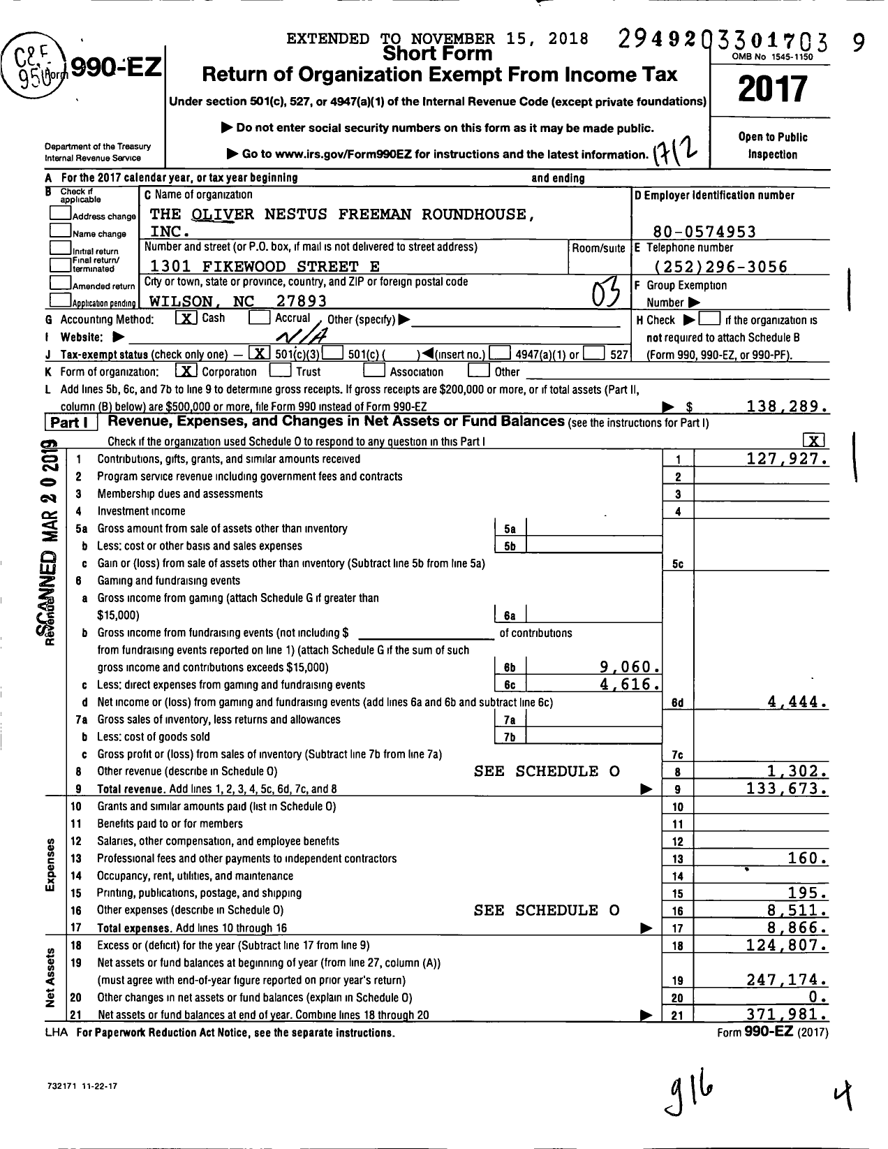 Image of first page of 2017 Form 990EZ for Oliver Nestus Freeman Roundhouse