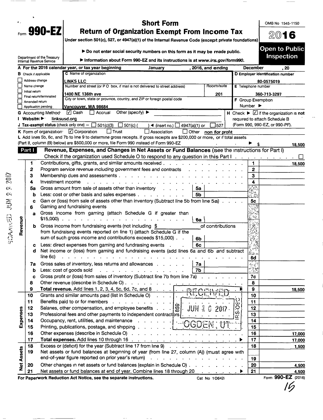 Image of first page of 2016 Form 990EO for Links