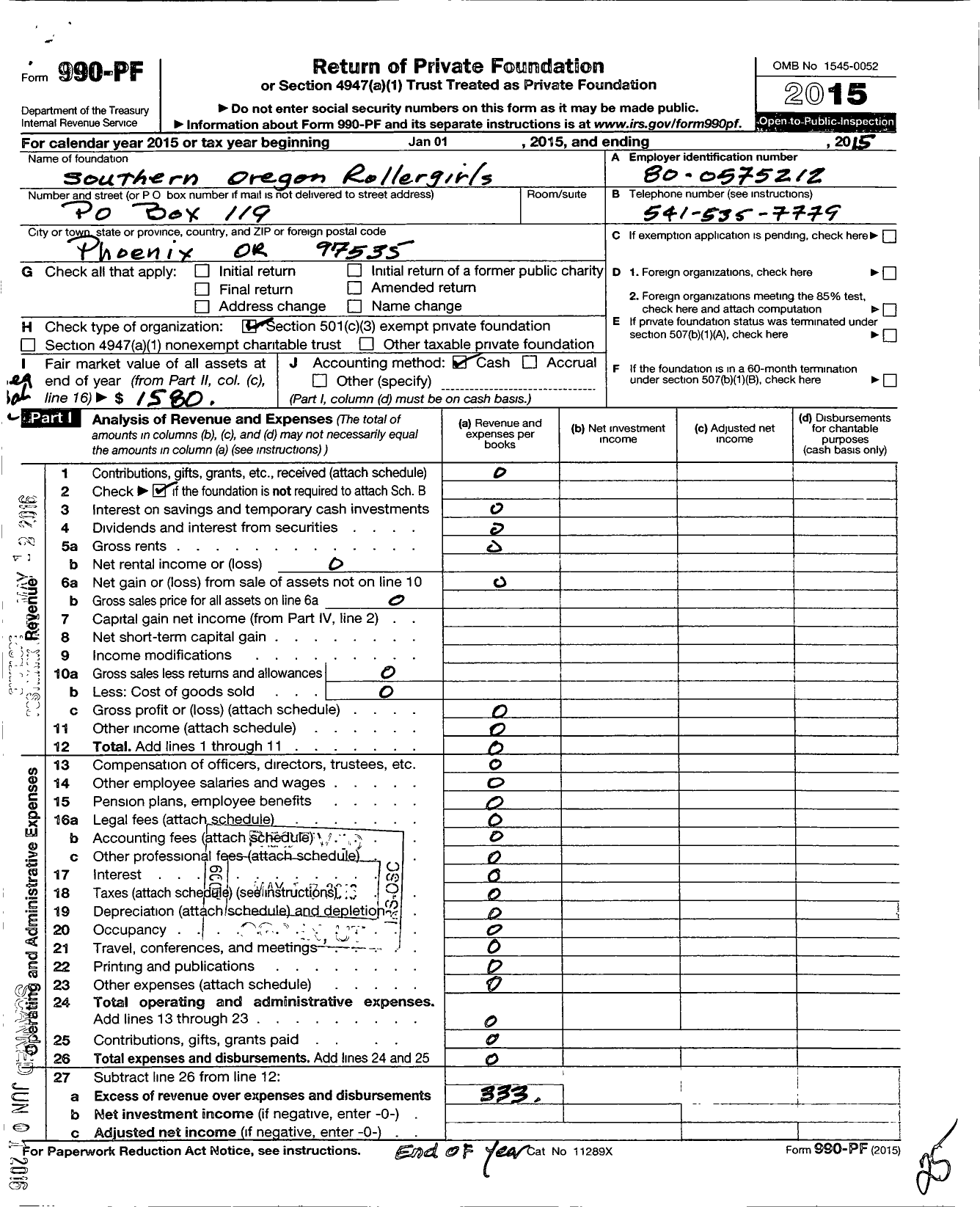 Image of first page of 2015 Form 990PF for Southern Oregon Rollergirls