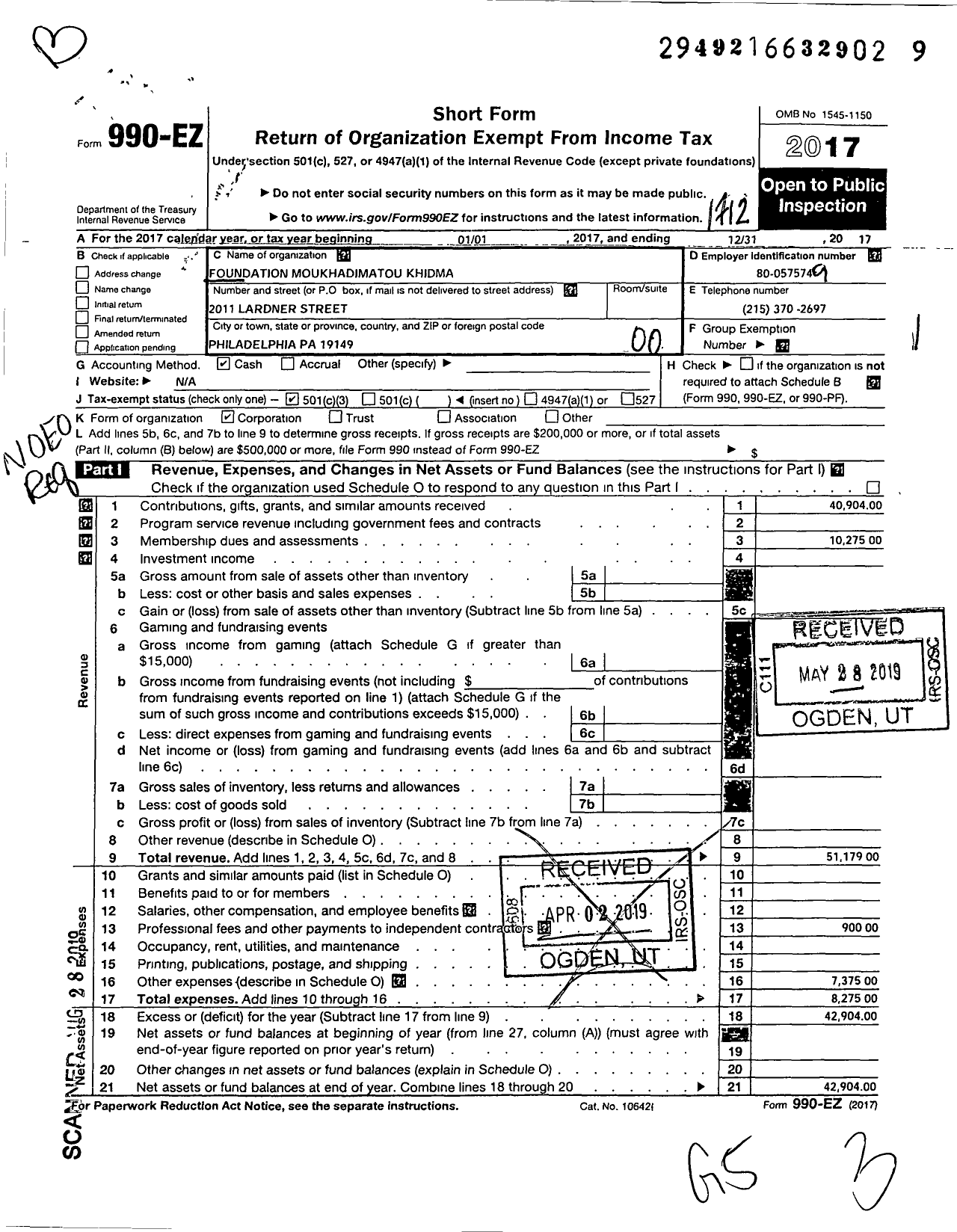 Image of first page of 2017 Form 990EO for Foundation Moukhadimatou Khidma