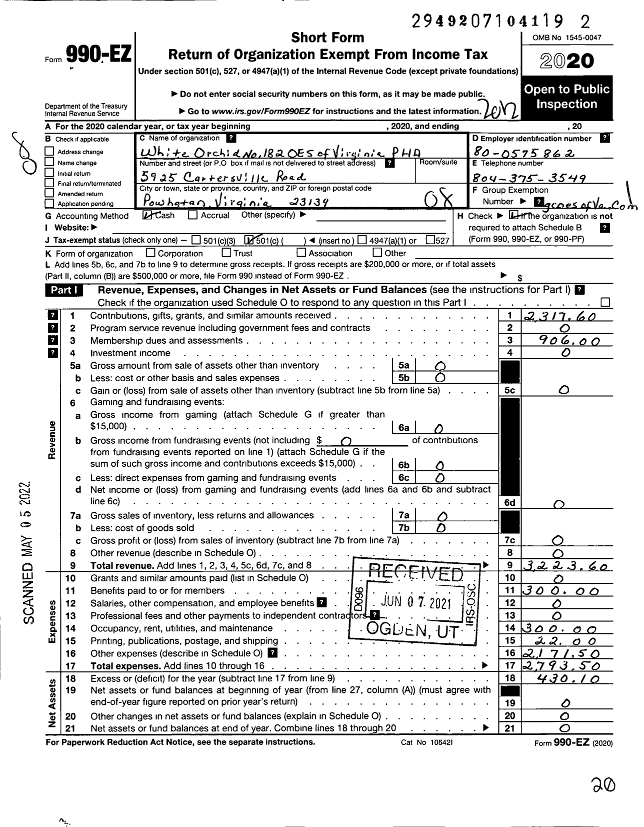 Image of first page of 2020 Form 990EO for Grand Order of the Eastern Star of Virginia Pha - 182 White Orchid Chapter