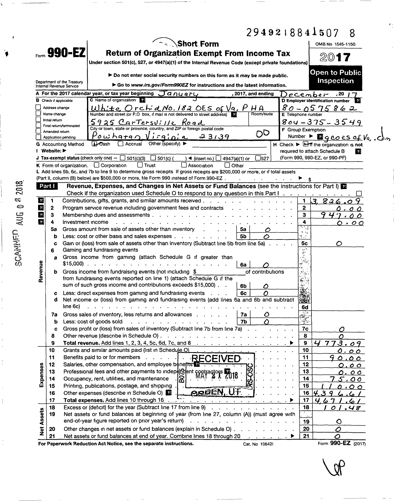 Image of first page of 2017 Form 990EO for Grand Order of the Eastern Star of Virginia Pha - 182 White Orchid Chapter