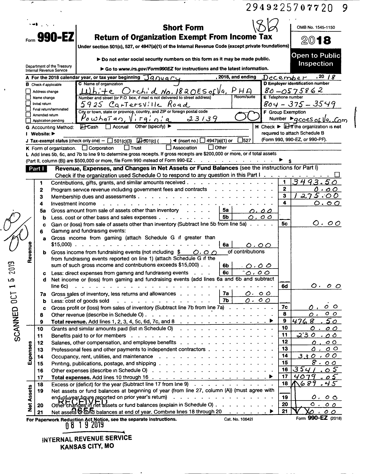 Image of first page of 2018 Form 990EO for Grand Order of the Eastern Star of Virginia Pha - 182 White Orchid Chapter