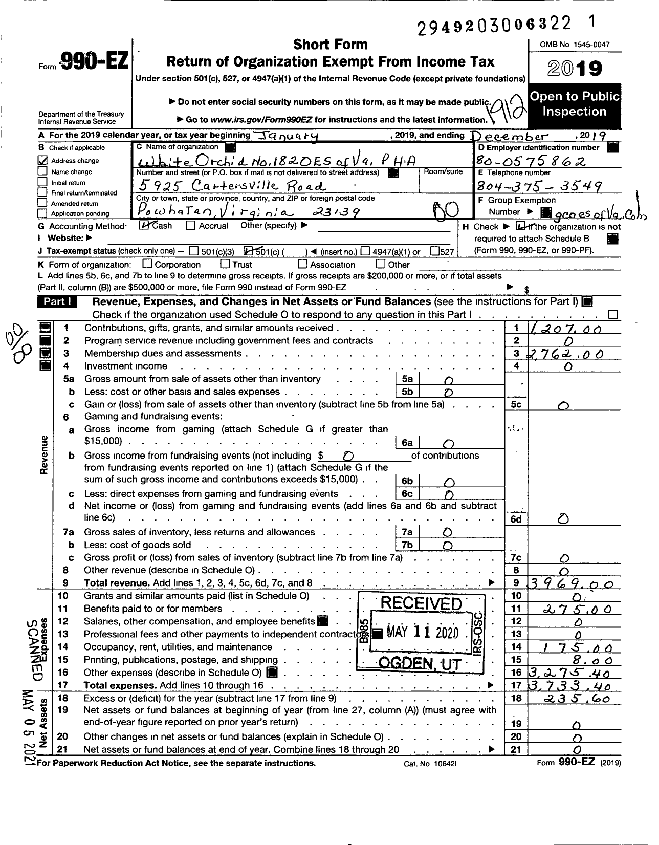 Image of first page of 2019 Form 990EO for Grand Order of the Eastern Star of Virginia Pha - 182 White Orchid Chapter