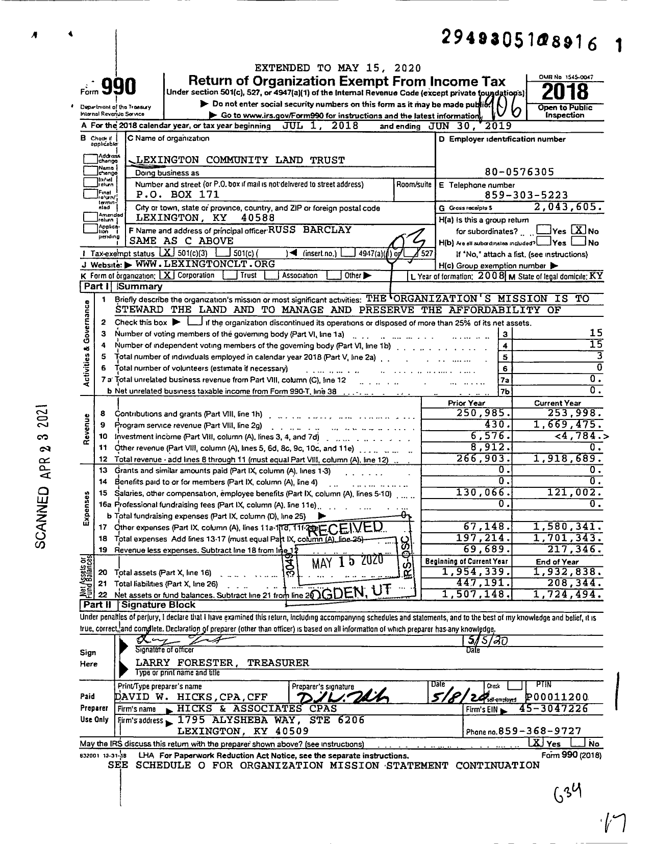 Image of first page of 2018 Form 990 for Lexington Community Land Trust