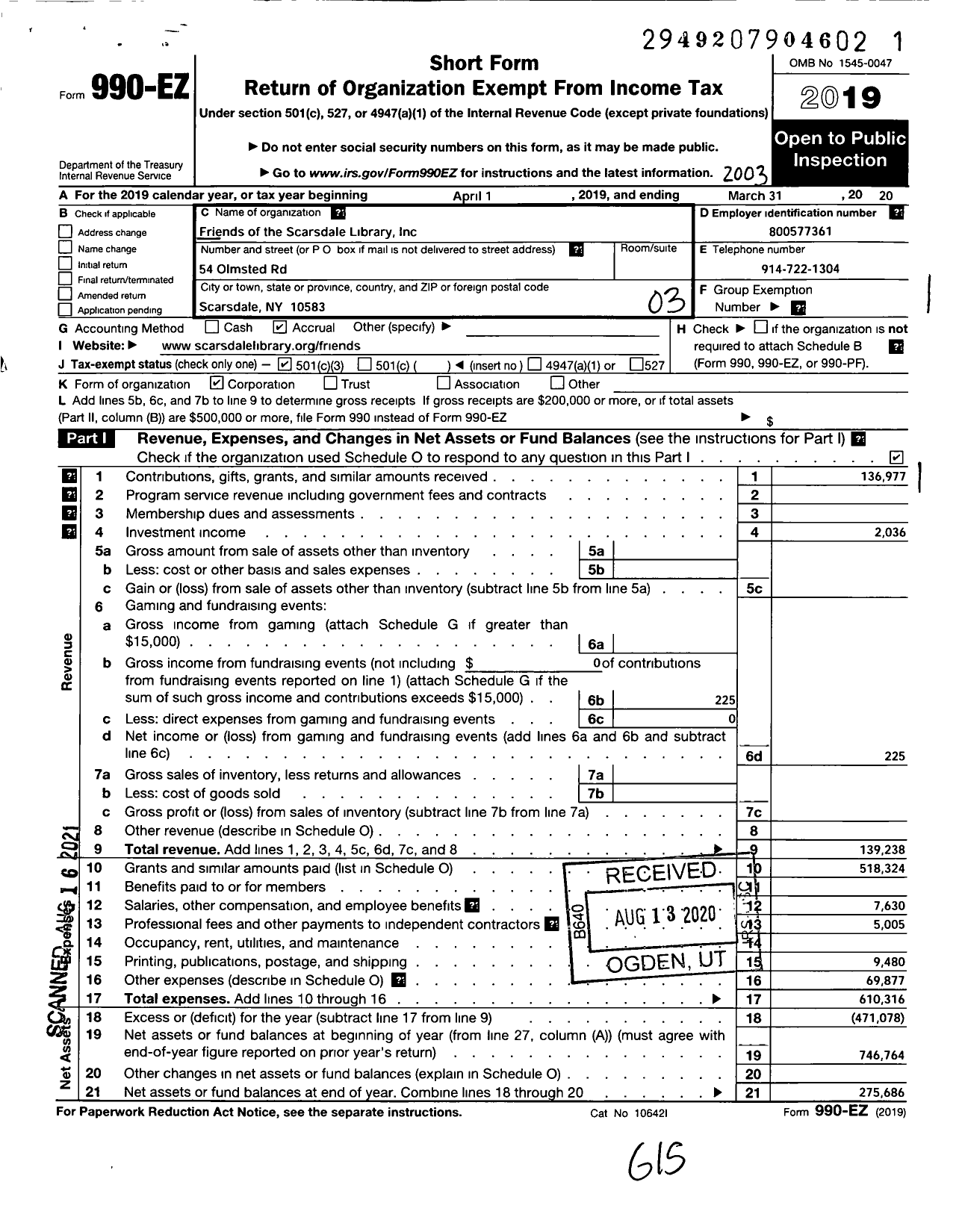 Image of first page of 2019 Form 990EZ for Friends of the Scarsdale Library