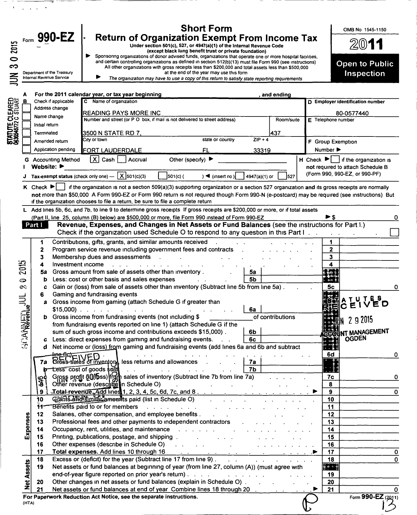 Image of first page of 2011 Form 990EZ for Reading Pays More