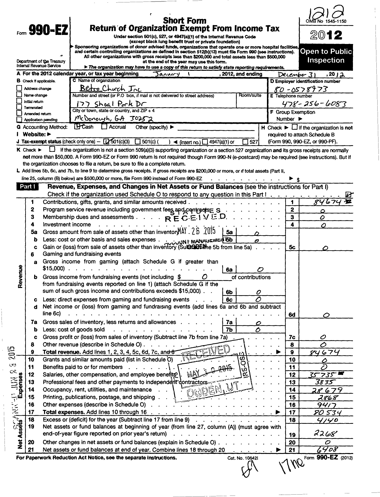 Image of first page of 2012 Form 990EZ for Retro Church